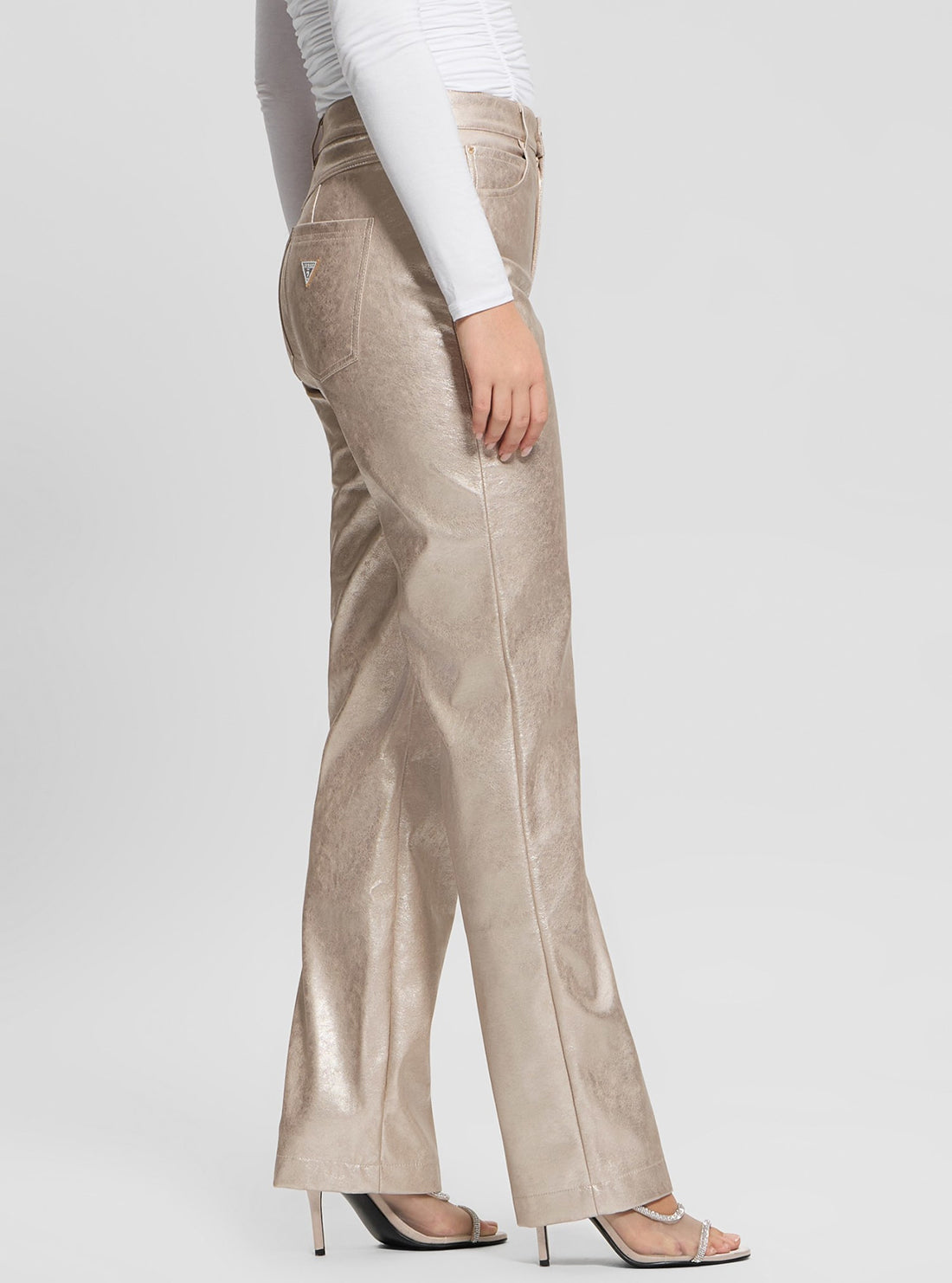 Beige Ambra Metallic High-Waisted Pants for Women - Trendy Shiny Office & Party Trousers - Perfect for Work, Night Out and Special Occasions