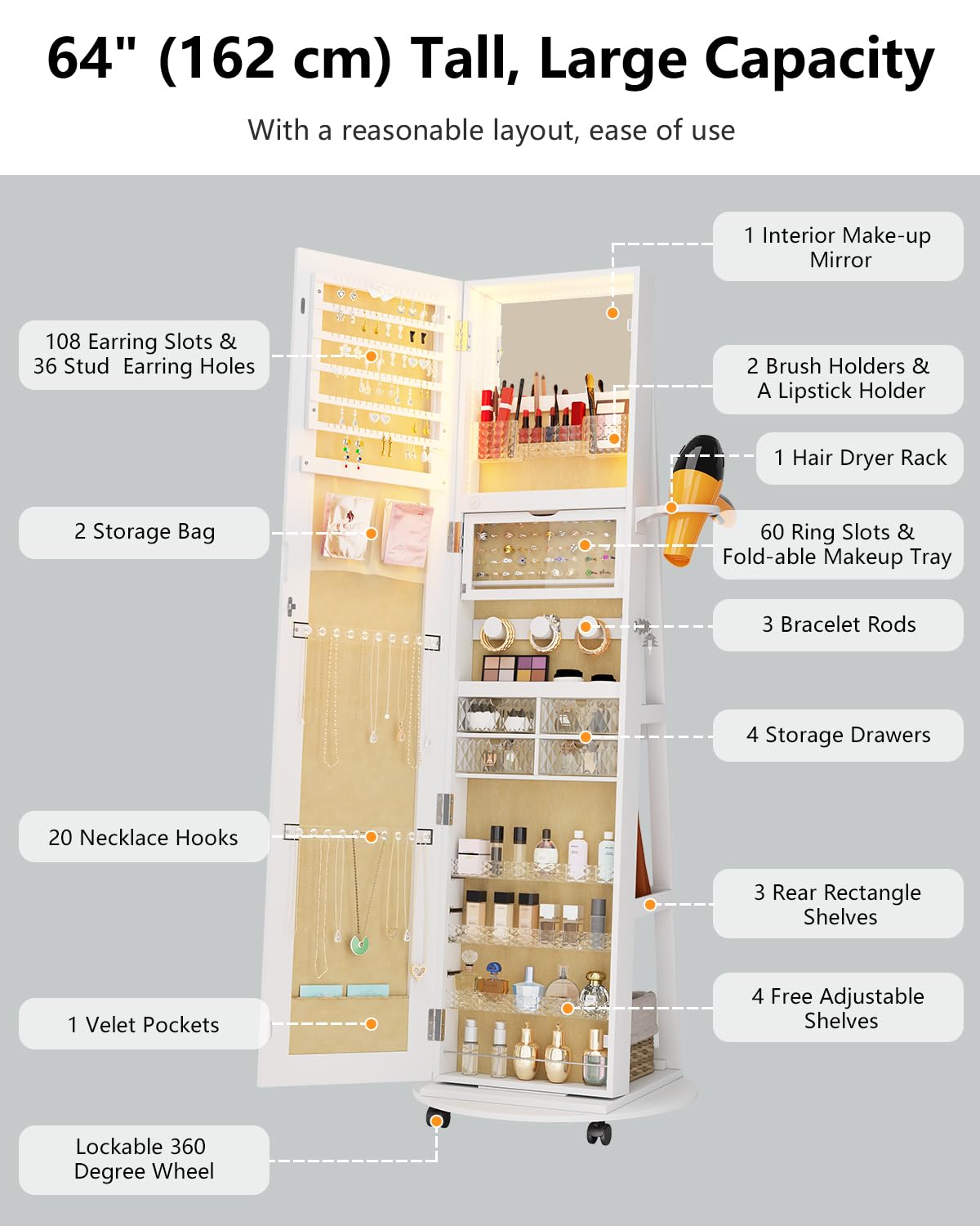 Full Length Mirror with Jewelry Storage - 360° Rotating Jewelry Armoire Organizer with LED Lights & Lockable Cabinet - Standing Jewelry Mirror for Bedroom, Dressing Room & Christmas Gifts (White)