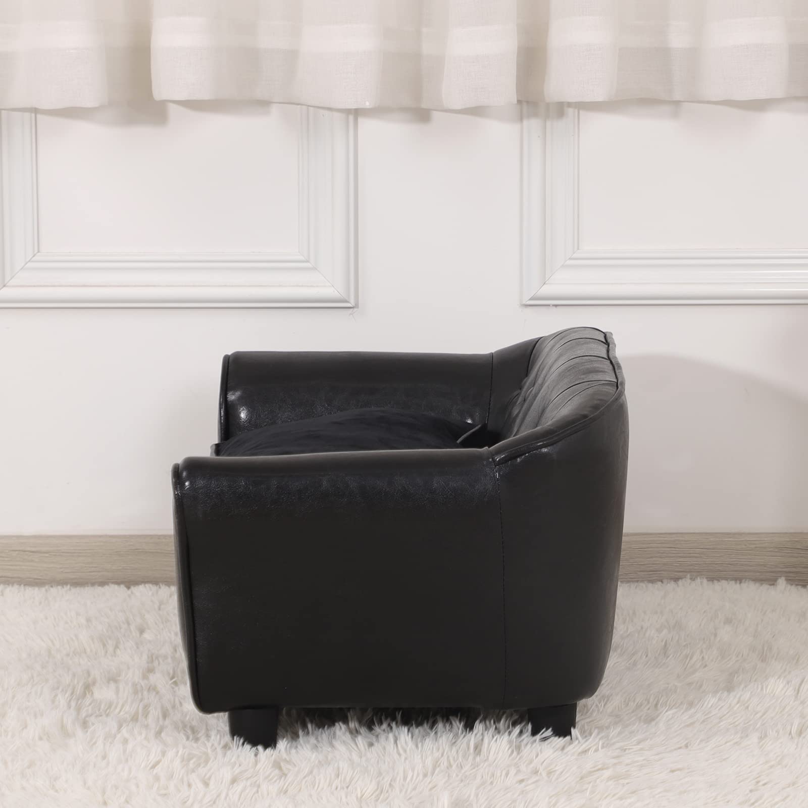 Premium Small Pet Couch Bed for Dogs & Cats - Wooden Frame with Copper Nails, Leather Fabric & Cushion - Cozy Sofa Chair for Puppies & Kittens - Perfect for Living Room, Bedroom or Pet Play Area (Black)