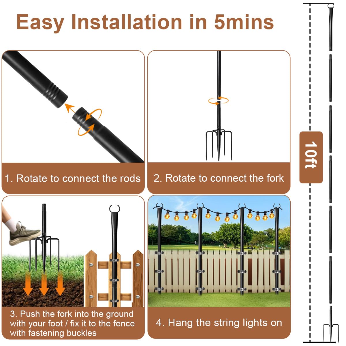 4 Pack 10ft Heavy-Duty Metal Outdoor String Light Poles with Fork - Adjustable Lighting Stand for Patio, Backyard, Pergola, Garden, Deck & Camping Parties | Weather-Resistant for Year-Round Use