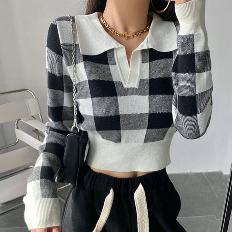 Vintage Knit Crop Top Sweater for Women - Cozy Long Sleeve Plaid Pullover | Fall Winter Fashion, Casual Outfits & Layering Essentials