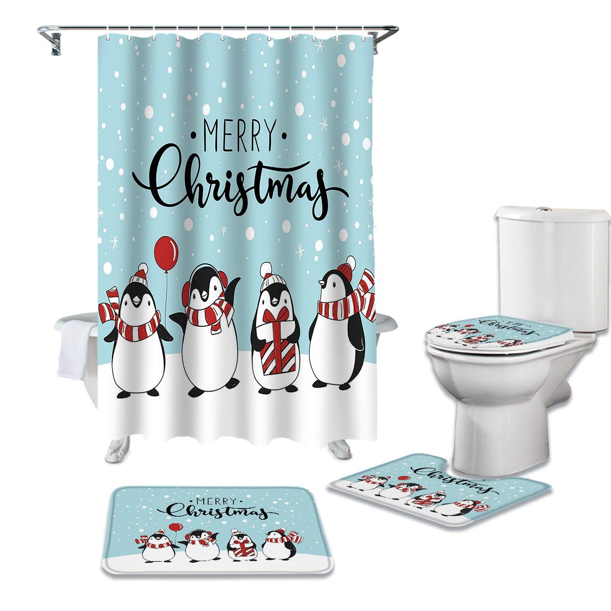 4-Piece Christmas Penguin Snowflake Shower Curtain Set - Waterproof Fabric Bathroom Decor with Non-Slip Rugs, Toilet Lid Cover & Bath Mat (66x72 inches) - Perfect Winter Animal Theme for Holiday Bathroom Decorations