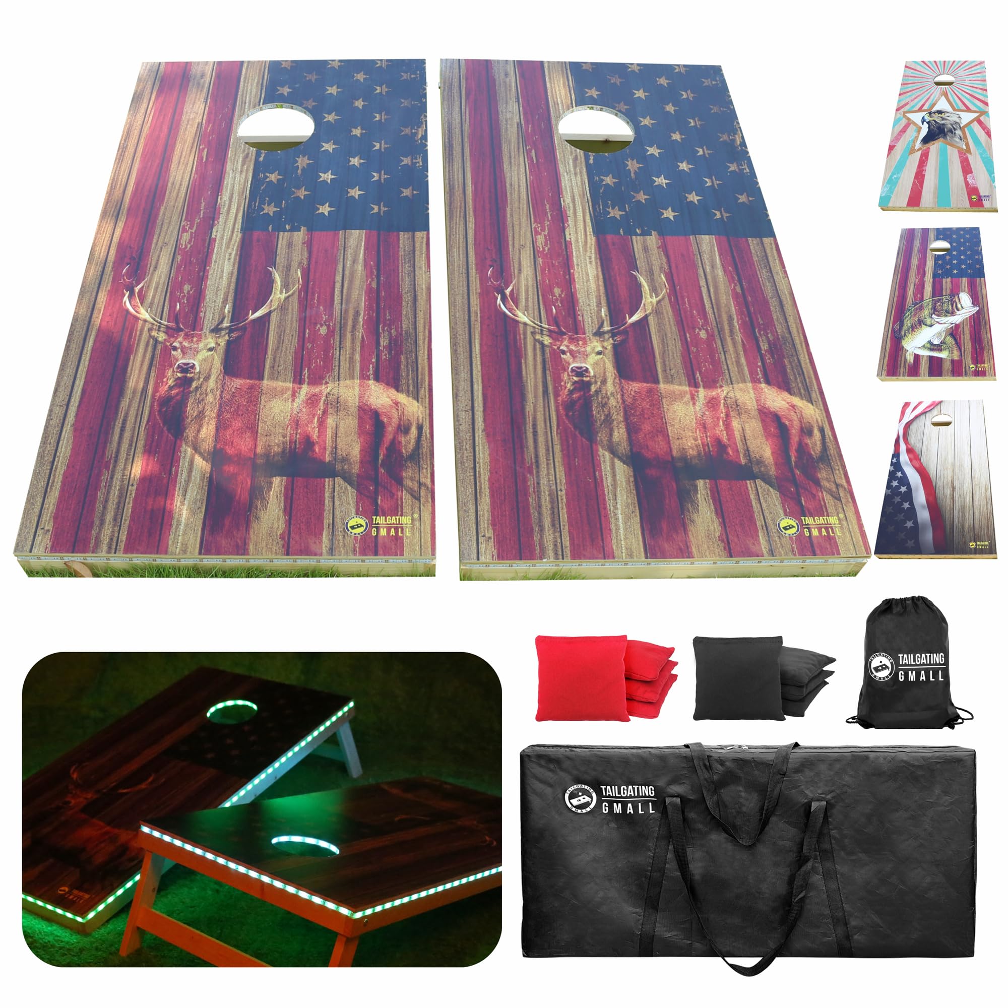 4FTx2FT LED Cornhole Board Set - Solid Wood Regulation Size Cornhole Game with LED Lights & 8 Bean Bags (USA Flag & Deer Design) - Perfect for Backyard Parties, Tailgating, and Outdoor Family Fun