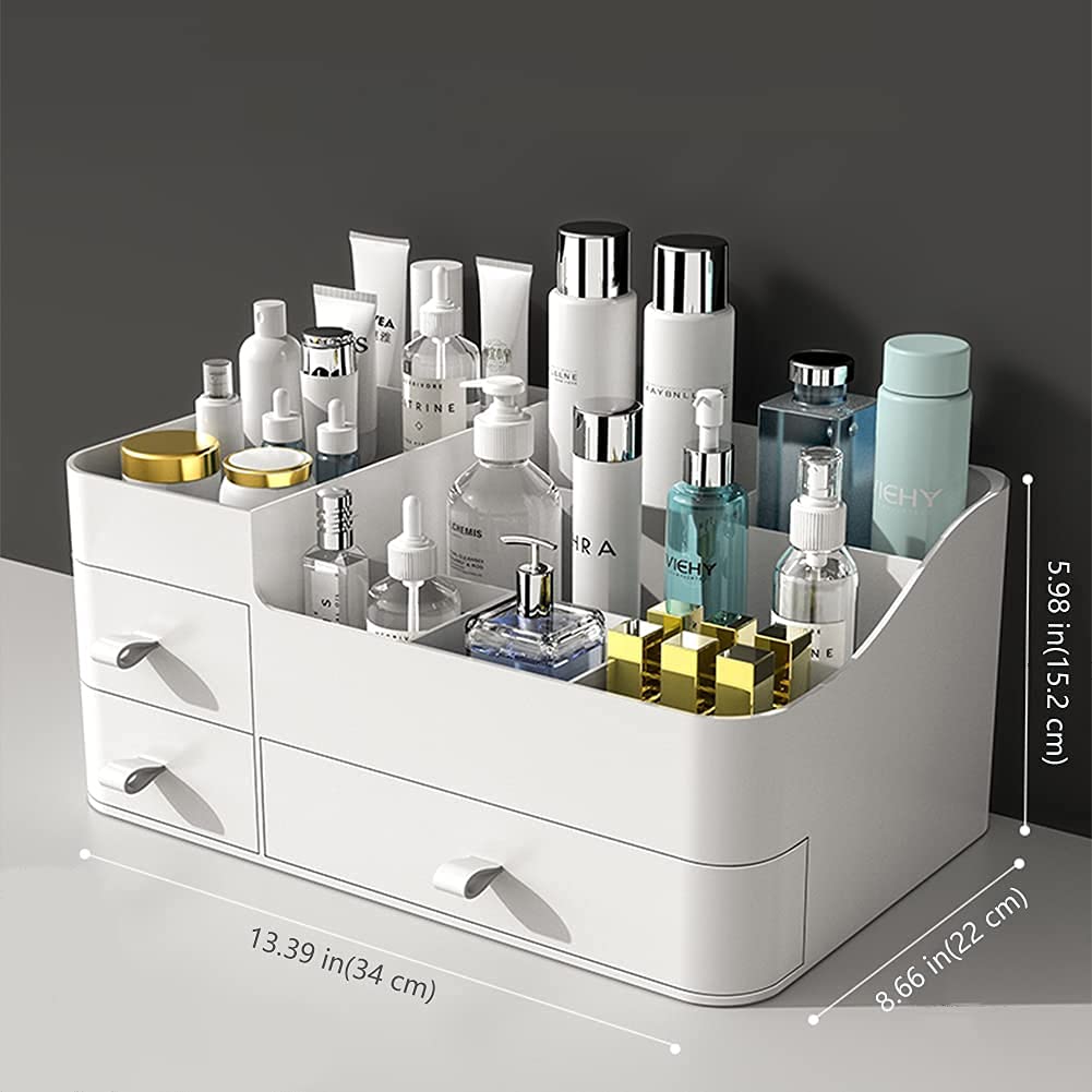 Large Makeup Organizer for Vanity with Drawers - Countertop Cosmetic Storage for Skin Care, Brushes, Eyeshadow, Lipstick & Nail Polish - Perfect for Dresser, Bathroom & Bedroom Organization (White) - Ideal for Daily Beauty Routine and Travel Makeup Storage
