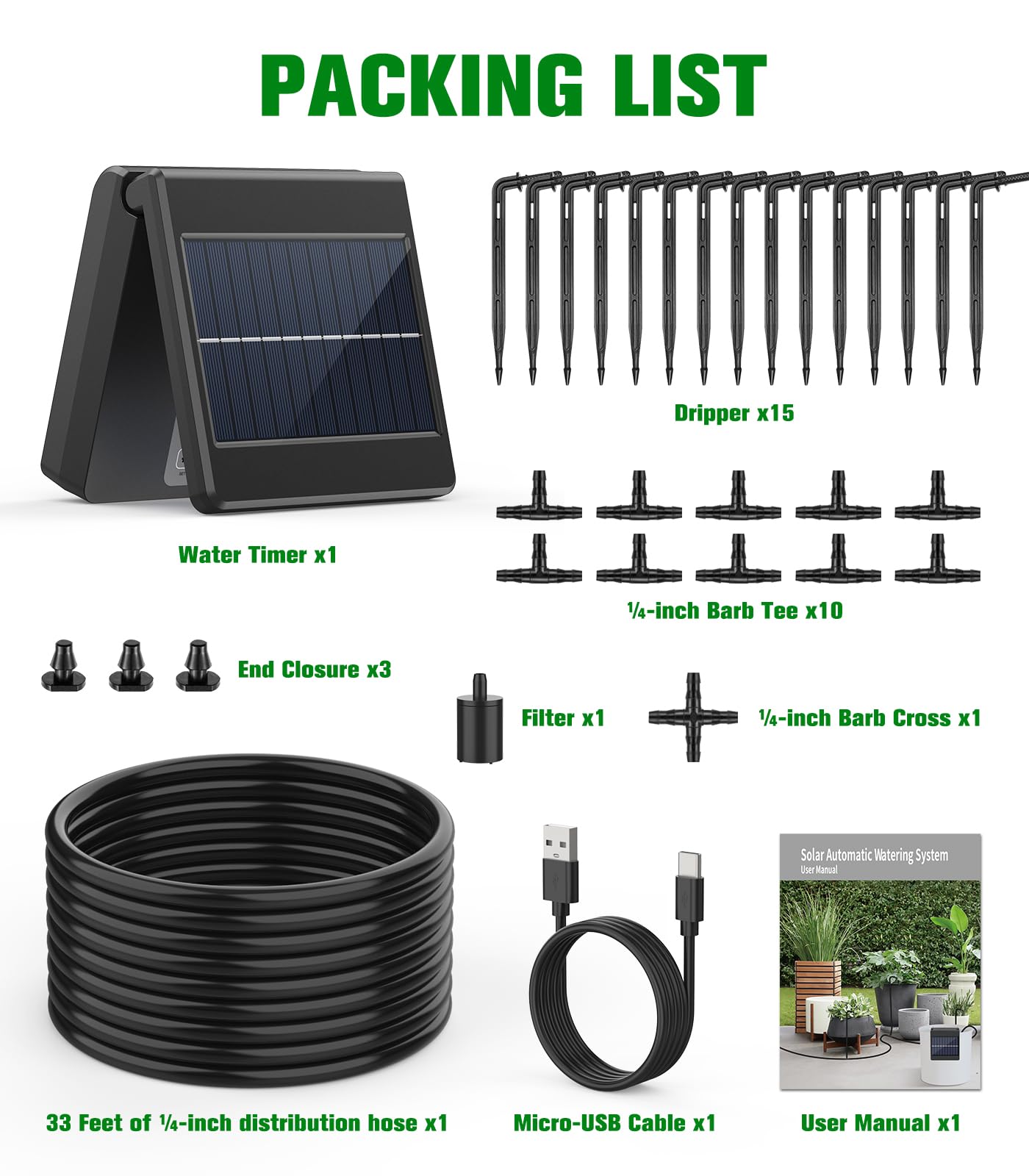 Solar-Powered Automatic Drip Irrigation Kit System with Timer - Water 15 Pots for Garden, Greenhouse & Vacation Homes - Easy DIY Watering Device for Plants, Flowers & Vegetables