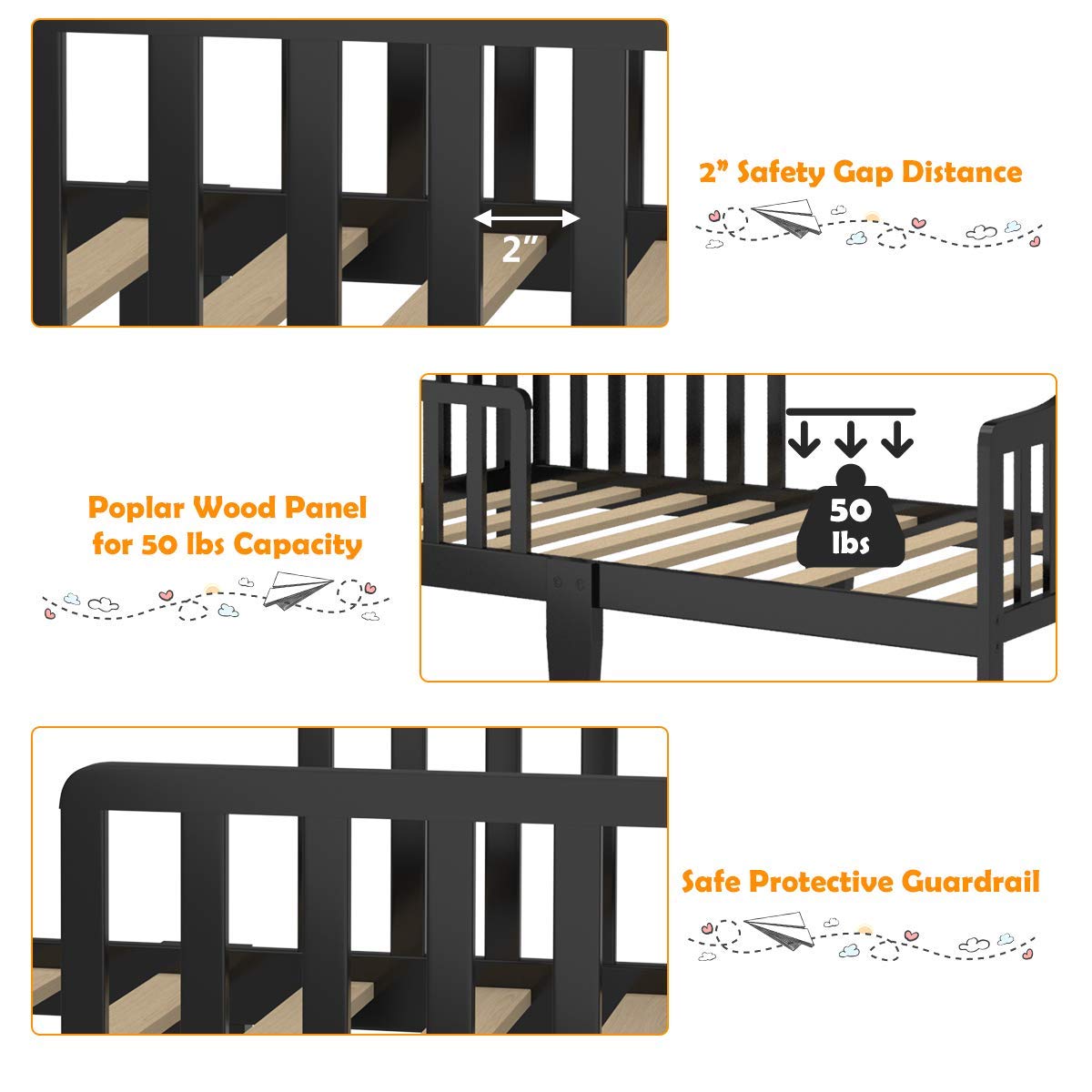 Costzon Toddler Wood Bed with Safety Rail - Low Floor Design for Boys & Girls - Perfect for Nursery & Kids' Room