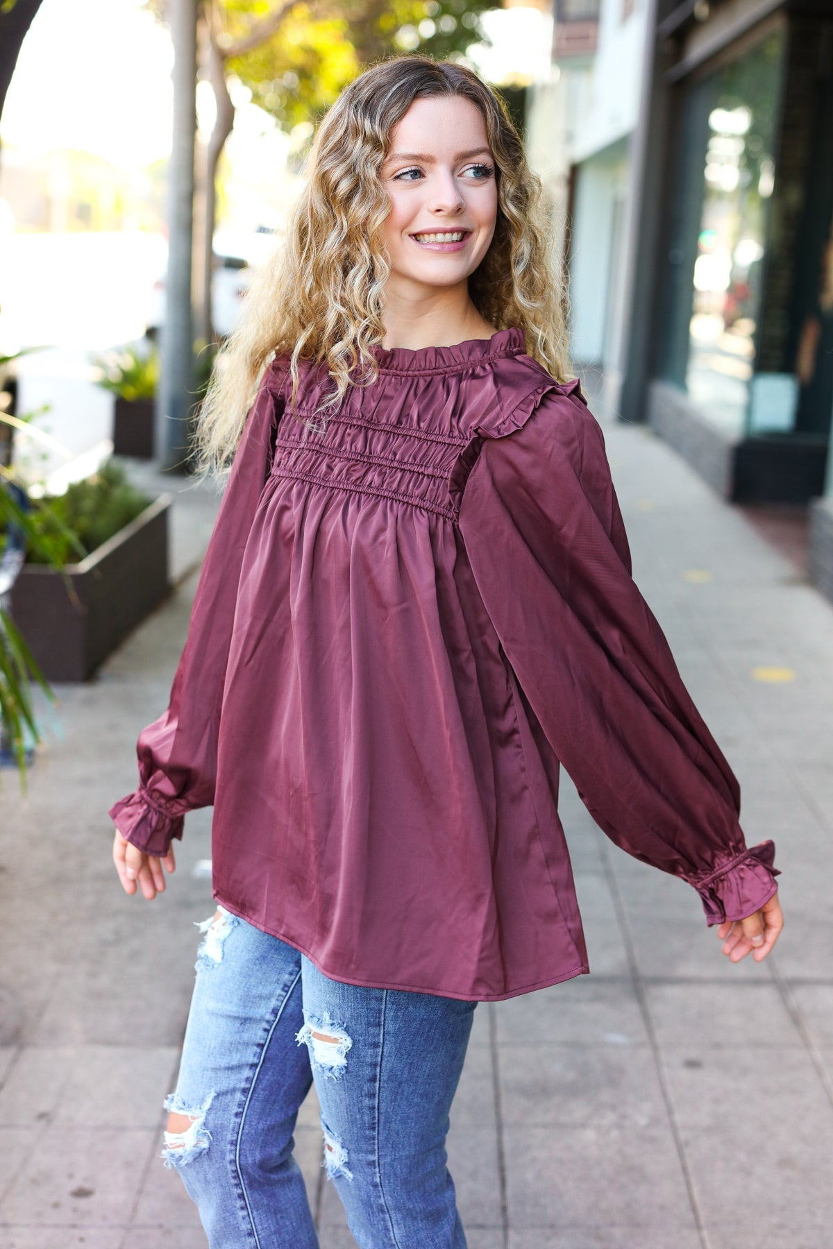 Stylish Wine Satin Shirred Yoke Frilled Mock Neck Top for Women | Elegant Blouse for Date Night, Parties & Special Occasions