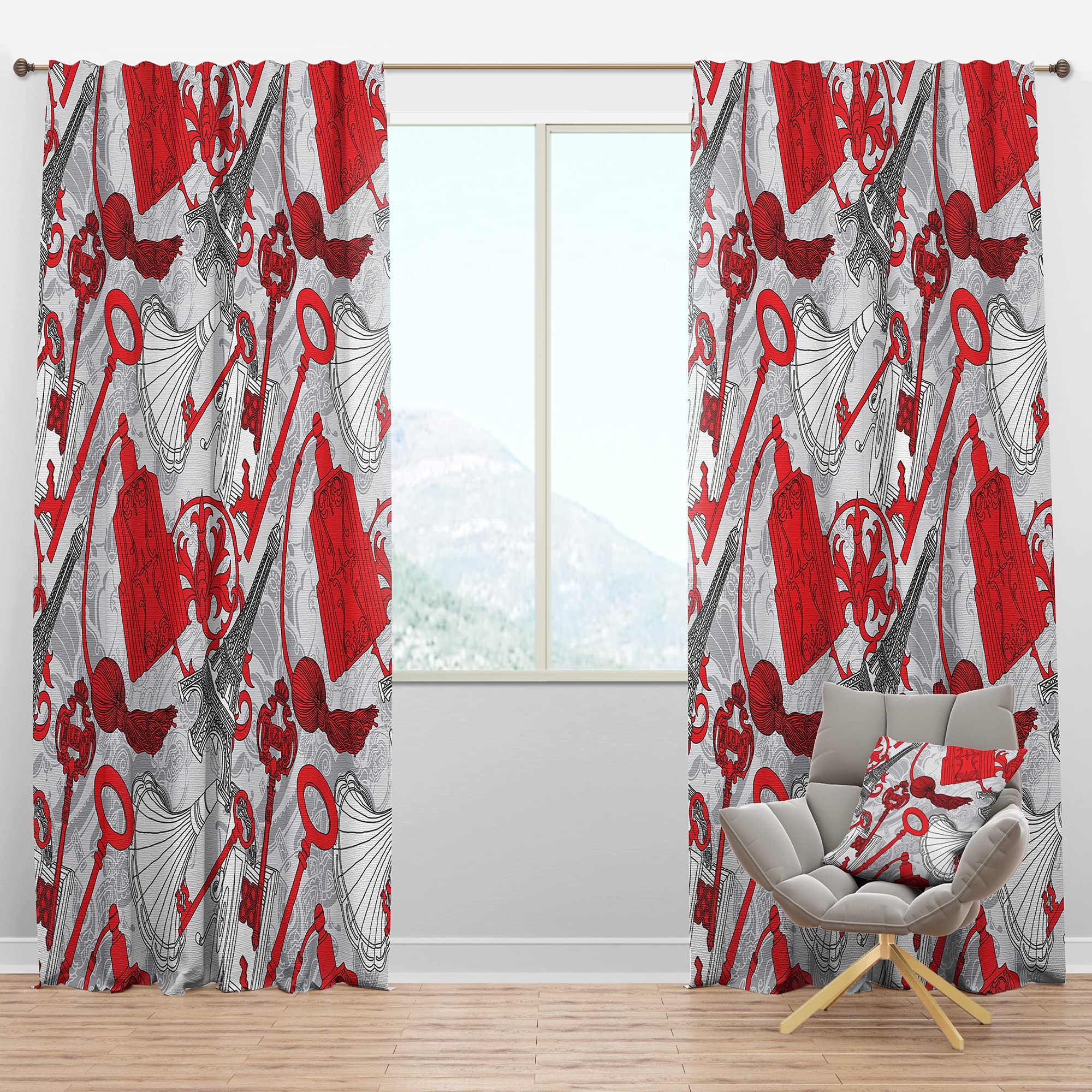 DesignQ Blackout Curtains 'Drawing of Paris with Red Keys' - Thermal Insulated Single Panel (52x90 inches) for Bedroom & Living Room - Noise Reducing & Energy Saving Window Drapes for Home Decor