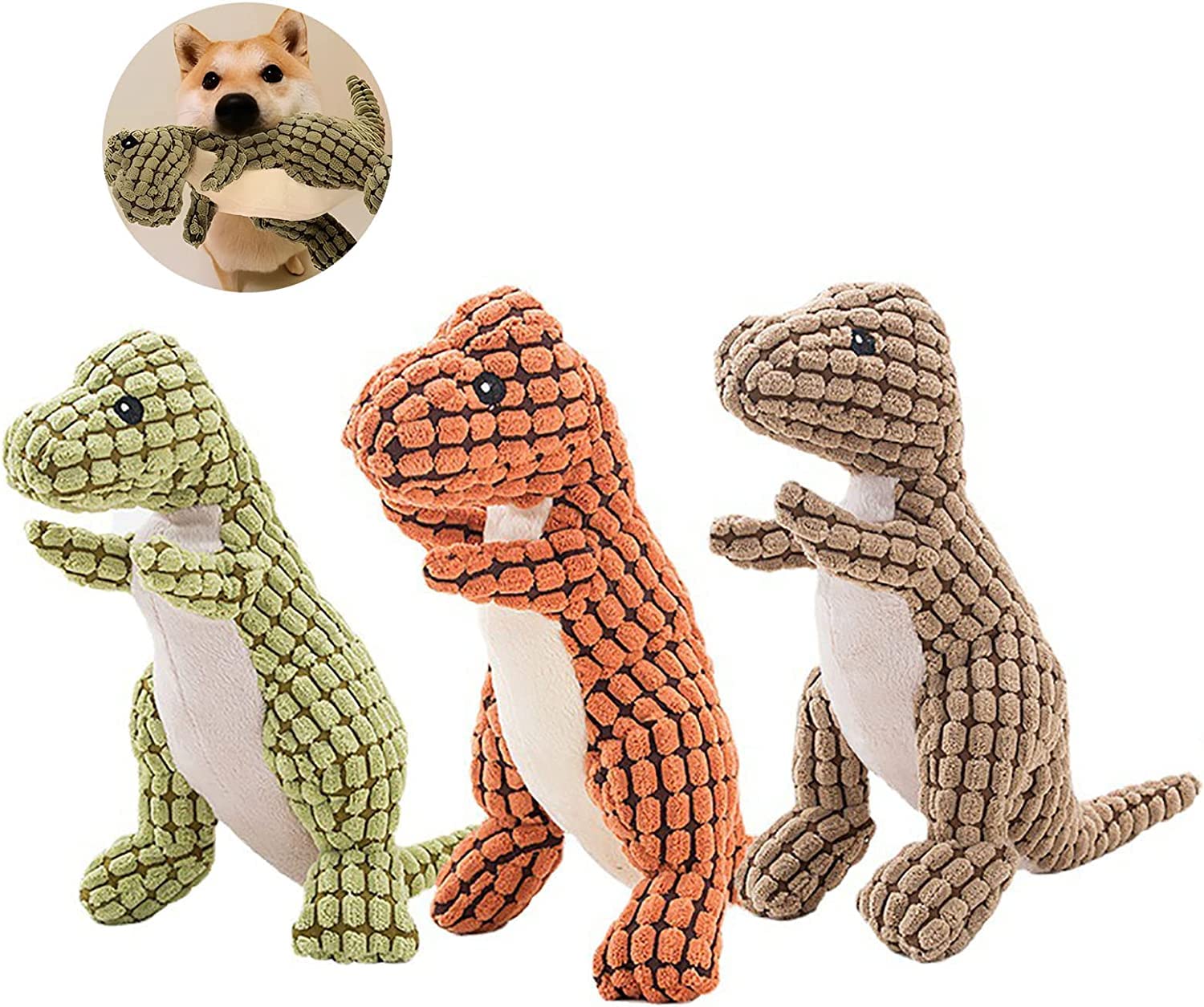 RobustDino Indestructible Chew-Proof Dog Toy for Aggressive Chewers - Squeaky Plush Dinosaur Toy for Medium & Large Breeds (3-Pack) | Durable Playtime Companion for Tough Chewers & Interactive Training