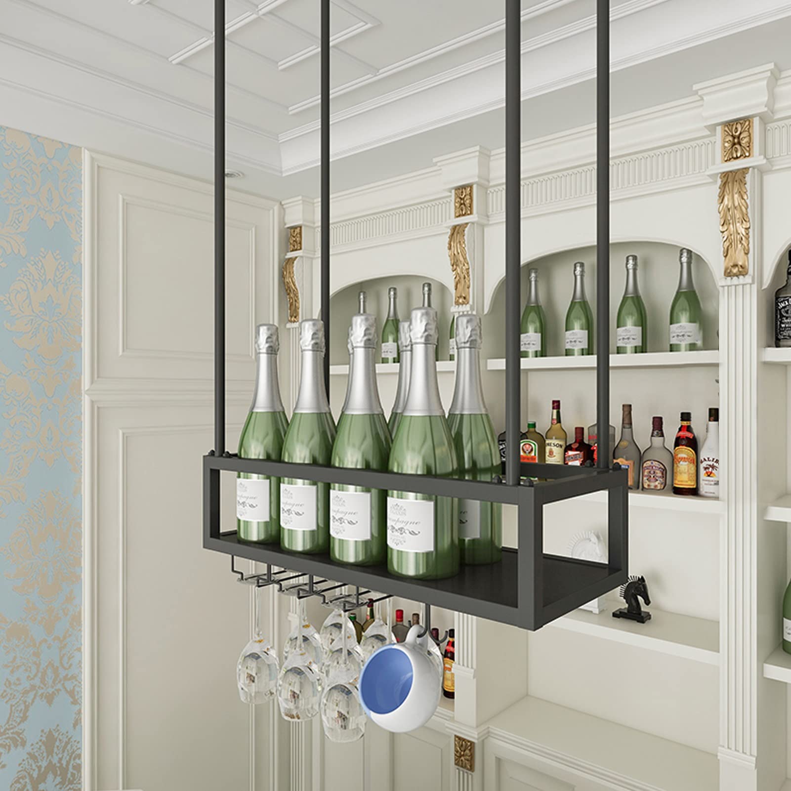 QJYNS Black Metal Wine Rack - Hanging Stemware & Champagne Glass Holder for Bar, Restaurant & Home - Ceiling Mounted Wine Bottle Storage Shelf - Perfect for Kitchen, Dining Room & Wine Cellar Organization