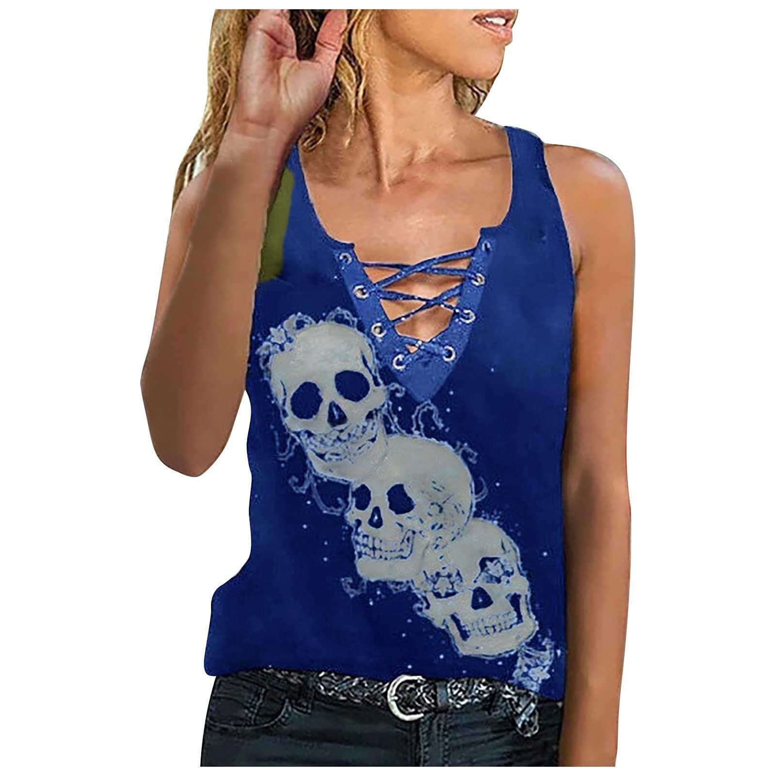 Cool Skull Graphic Women's Sleeveless V-Neck Tank Top - Summer Drawstring Blouse for Ladies - Perfect Gift for Women & Casual Outfit Essential