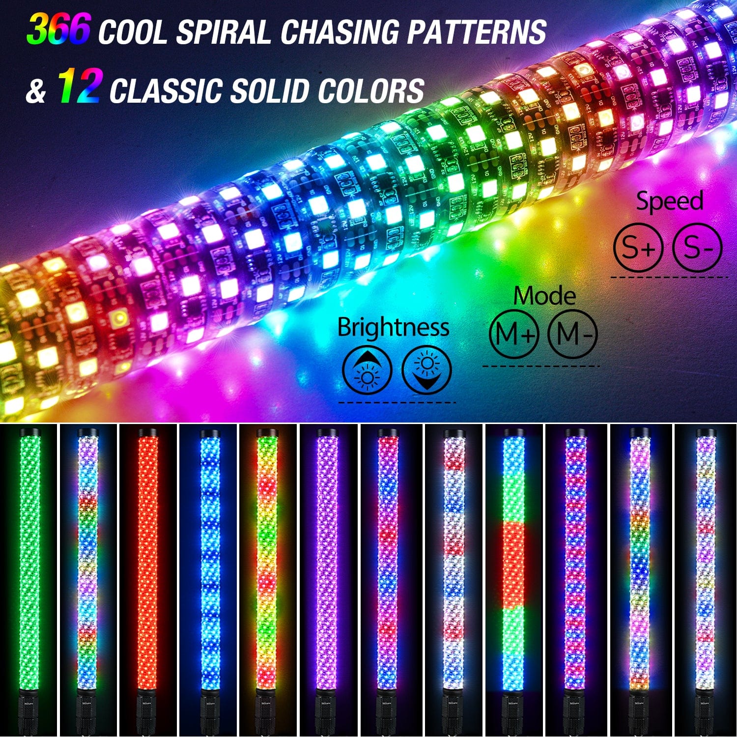 1Pc 3FT Spiral Antenna Bluetooth Remote App Control LED Fat Whip Light - Perfect for Car, Truck, Motorcycle & Off-Road Vehicle Lighting