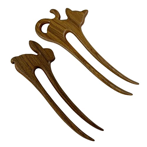 2 PCS Handmade Wooden Hair Forks - Carved Cat & Rabbit Animal Hair Sticks, Retro Bun Pins for Women & Girls with Long Hair - Perfect for Updos, Braids & Boho Hairstyles