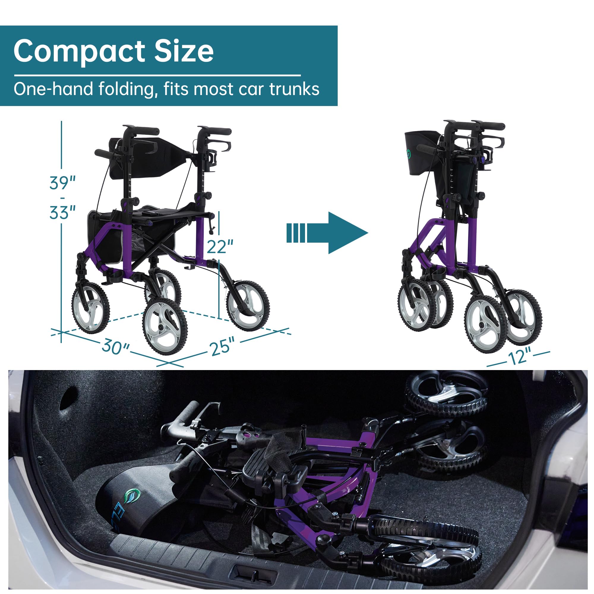 ELENKER 2 in 1 Rollator Walker & Transport Chair - Folding Wheelchair with 10