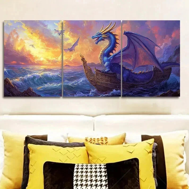 3-Piece Blue Dragon on Boat Wall Art Set - Framed Canvas 50x70cm - High Quality Print - 100% Australian Made - Ready to Hang - Perfect for Living Room, Bedroom or Office Decor
