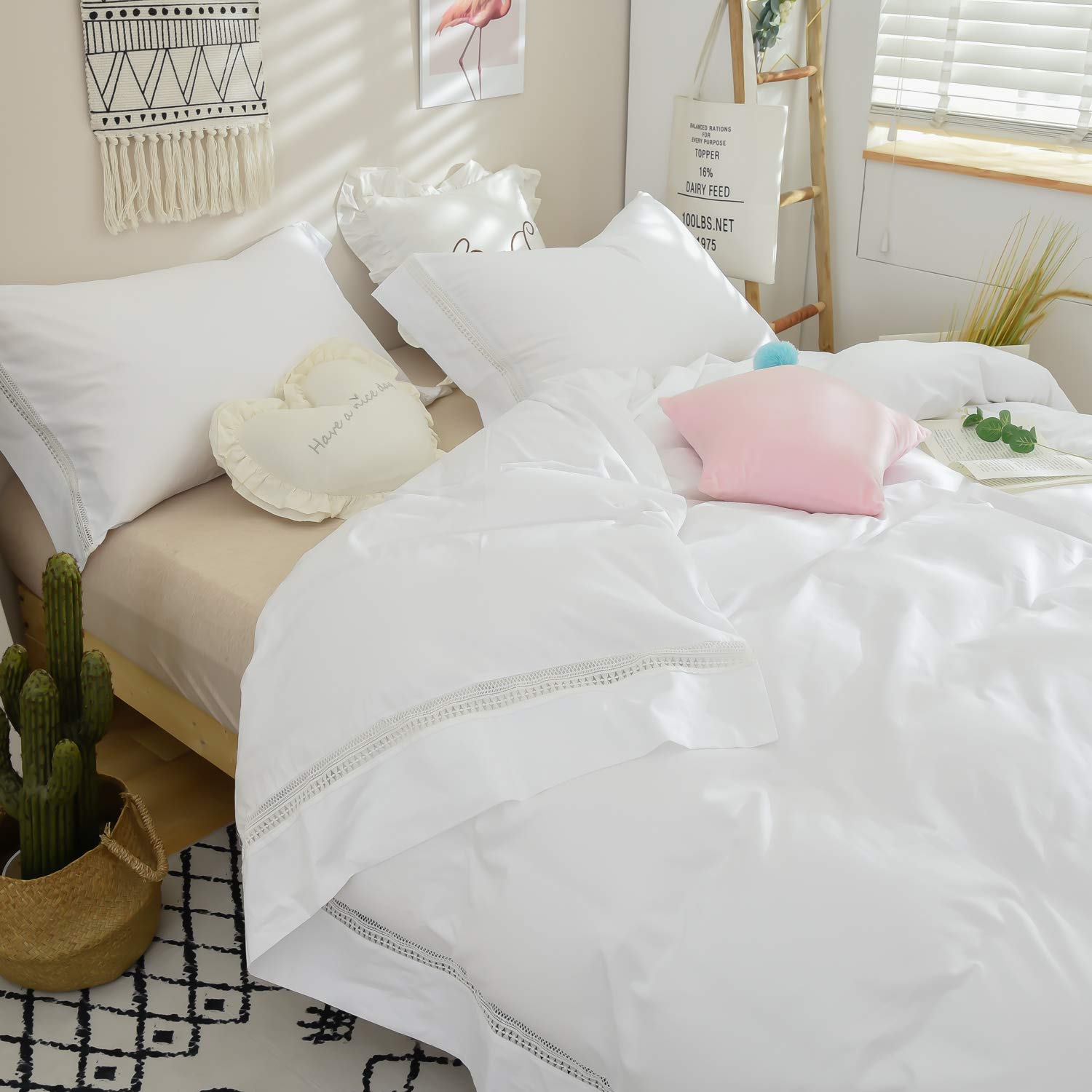 FADFAY 100% Cotton 600 TC White Lace Duvet Cover Set - Queen Size Farmhouse Bedding with Guipure Trim & Zipper Closure | Ultra Soft, Anti-Fade, Elegant & Romantic Boho Style | Perfect for Master Bedrooms, Guest Rooms & Cozy Farmhouse Decor