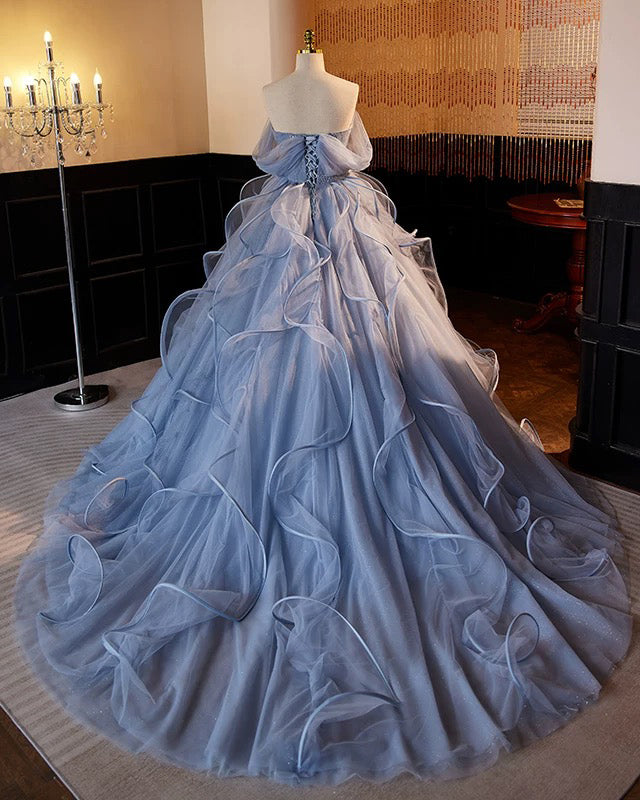 Elegant A-Line V-Neck Tulle Lace Long Prom Dress in Gray-Blue | Sweet 16 Formal Gown | Perfect for Homecoming, Quinceañera & Evening Parties