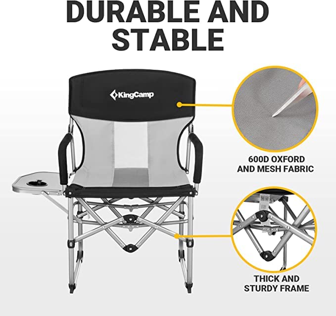 KingCamp Heavy Duty Folding Camping Chair with Side Table - Breathable Mesh Back Director's Seat for Adults - Portable Outdoor Lawn Chair for Camping, Hiking, Fishing, Beach & Backyard Relaxation