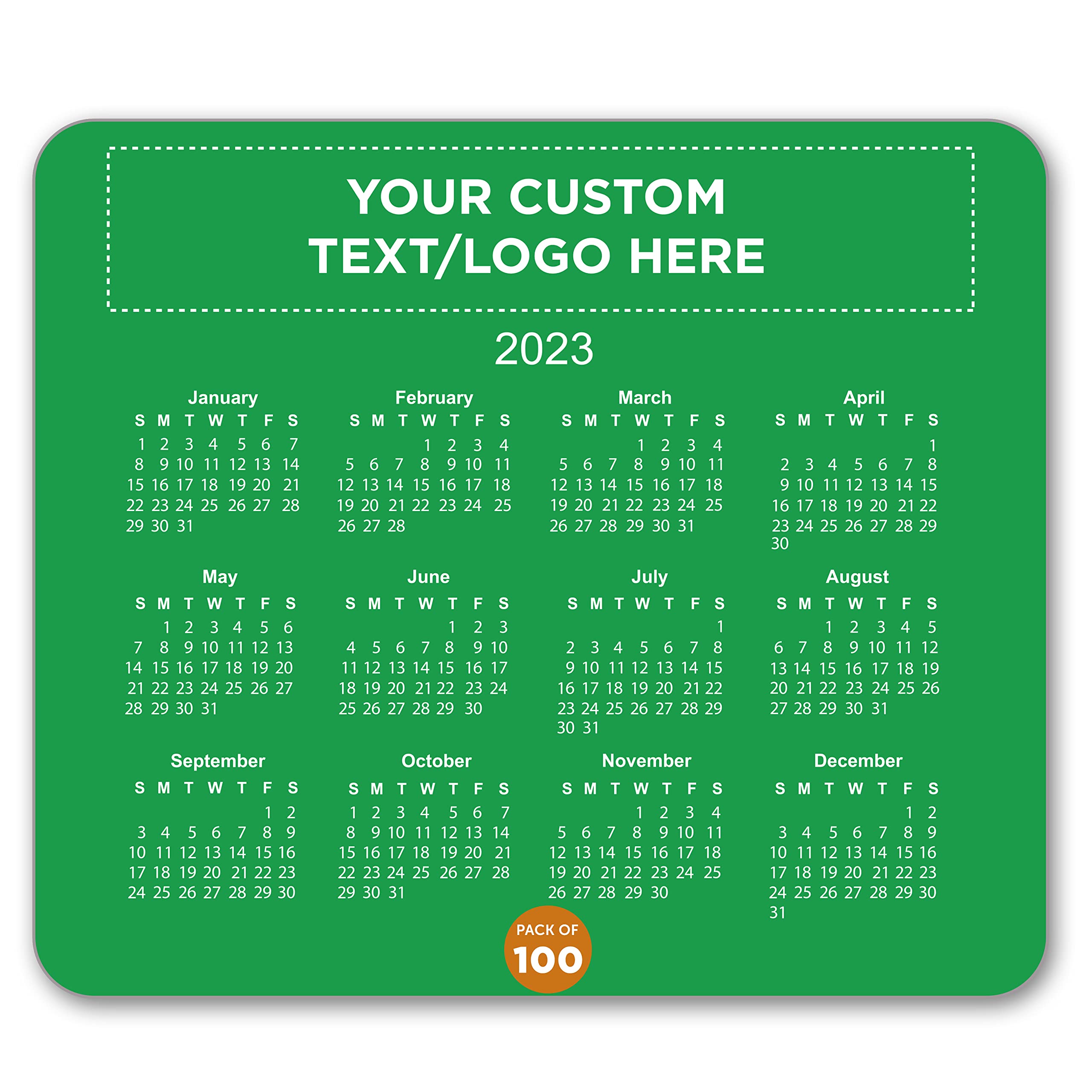 Custom Horizontal Calendar Mouse Pads - Bulk Pack of 100 Personalized Office Desk Mats - Green Non-Slip Mousepad for Employees, Clients & Trade Shows - Perfect Corporate Gift & Promotional Item for Office, Home & Business Events