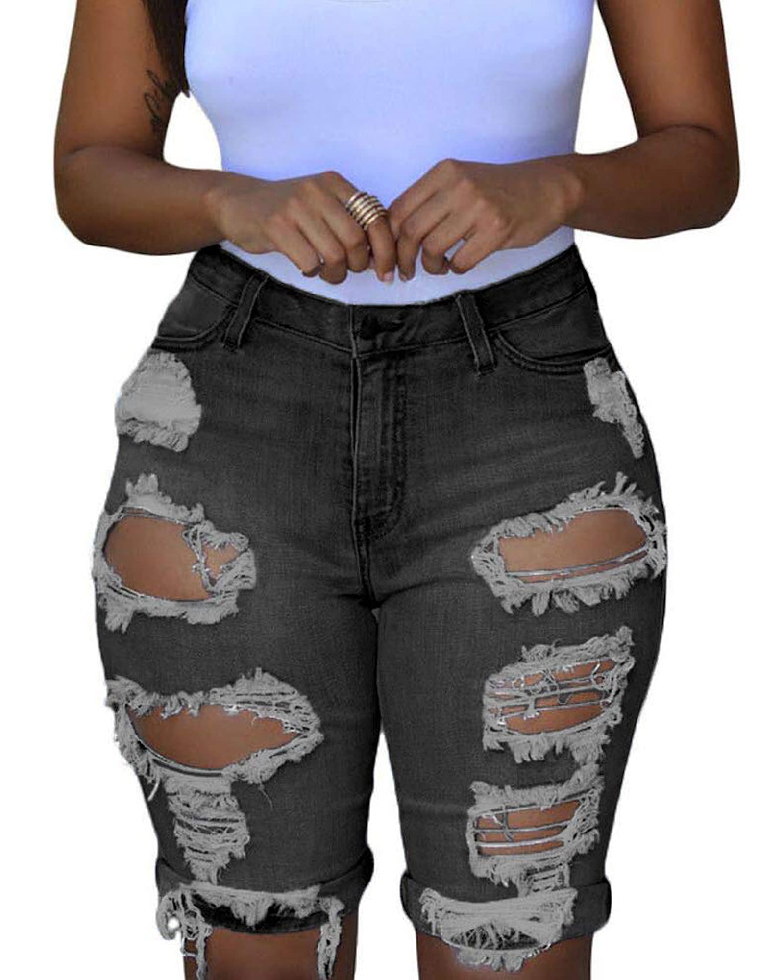 Roswear Women's Ripped Denim Bermuda Shorts - Stretchy Mid Rise Destroyed Jeans for Casual Wear & Summer Outfits
