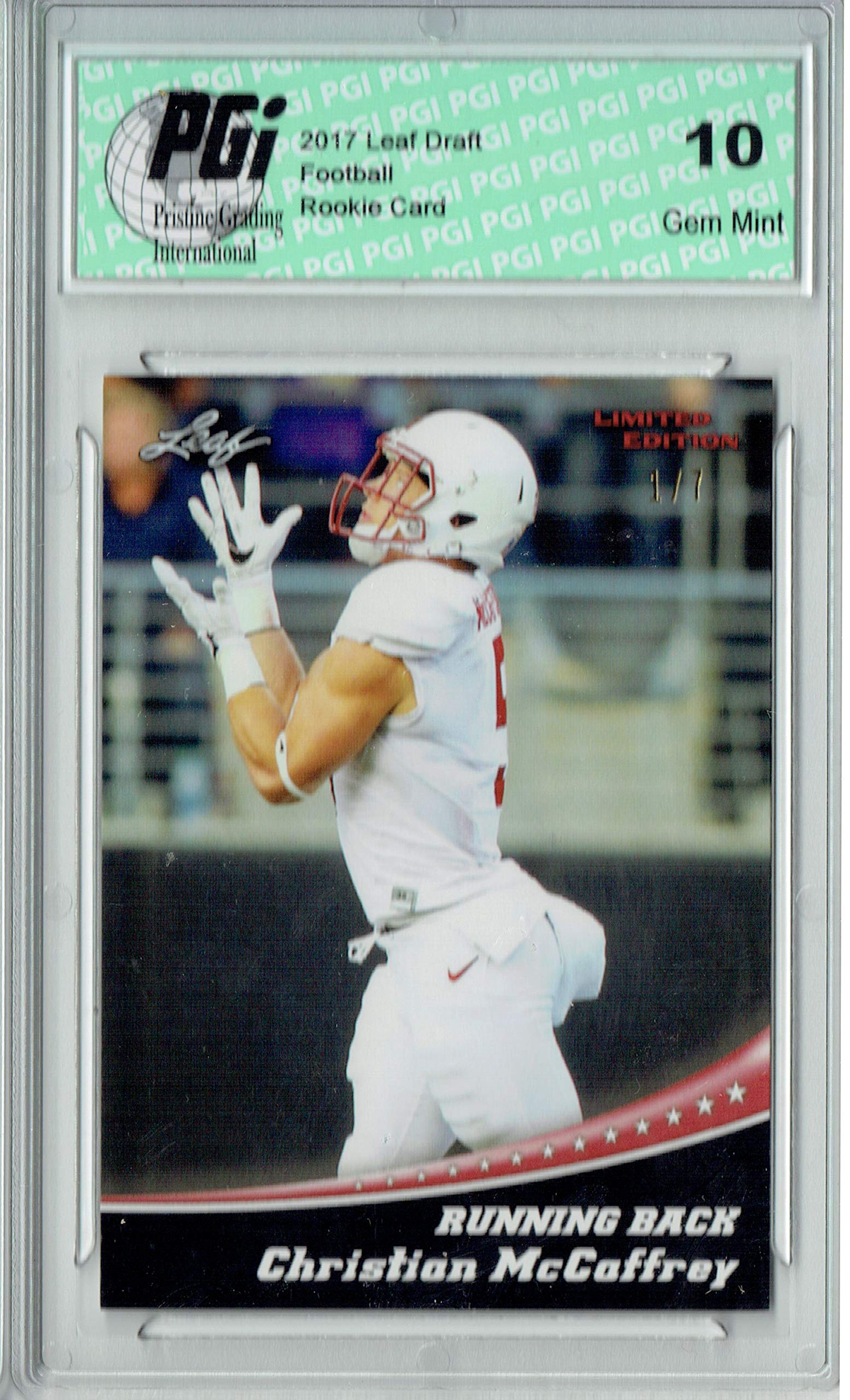 Christian McCaffrey 2017 Leaf Blank Back #1 Red #1 of 7 Rookie Card PGI 10 - Rare Collectible Football Trading Card for NFL Fans & Sports Memorabilia Collectors