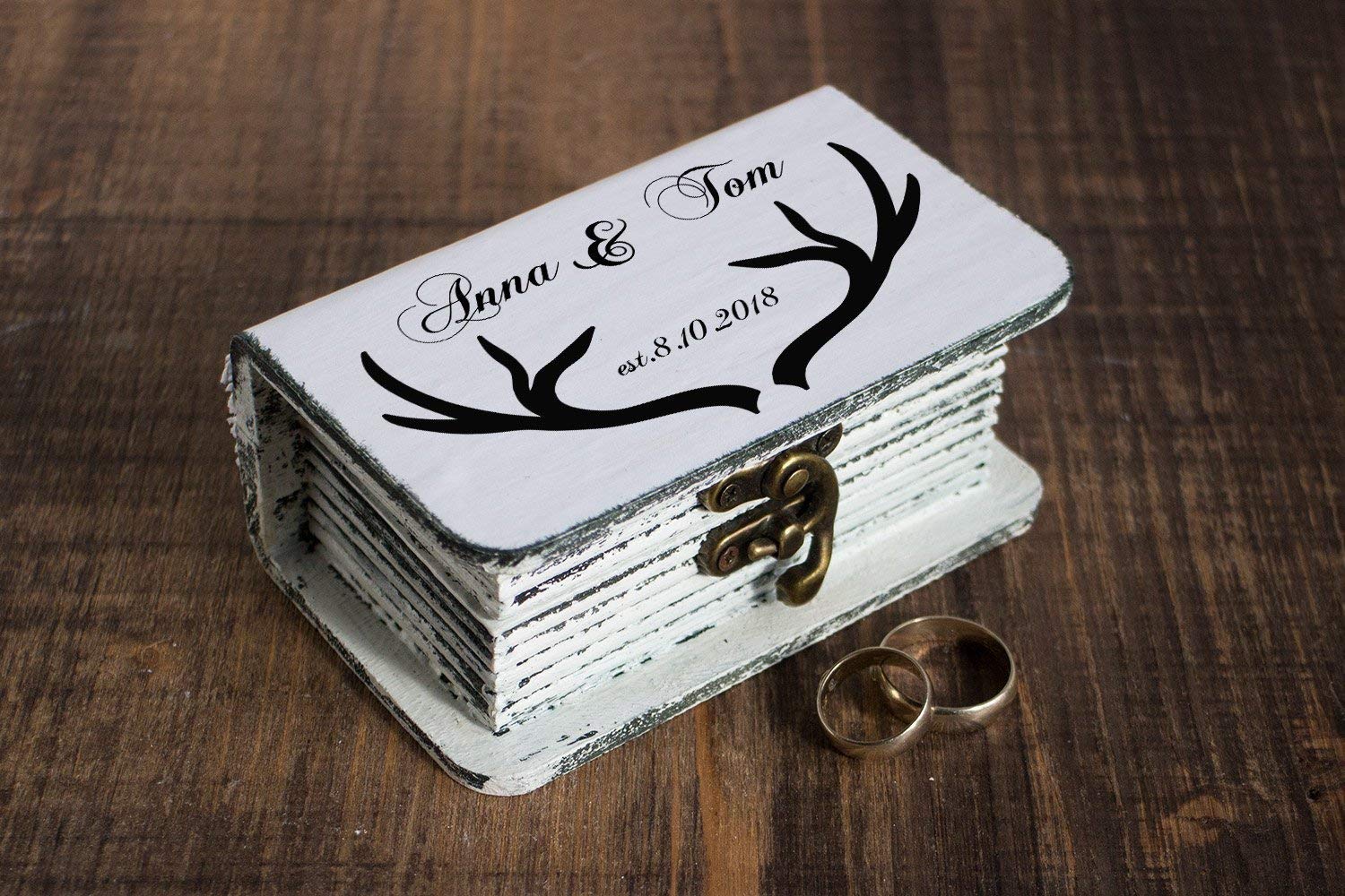 Rustic Wooden Ring Bearer Box - Personalized Wedding Ring Holder with Antlers Design - Engagement Jewelry Box for Bride & Groom - Perfect for Wedding Ceremonies, Vow Renewals & Proposal Moments