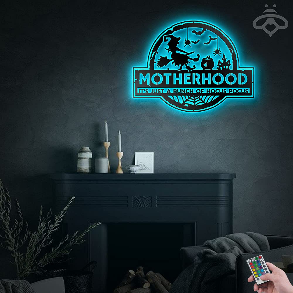 Witch Motherhood Just a Bunch of Hocus Pocus Metal Wall Art - LED Backlit Halloween Decor for Living Room, Outdoor & Home - Scary Black Metal Sign (16x16 inches, No Lights Included) - Perfect for Halloween Parties, Haunted House Decor & Gothic Home Decorations