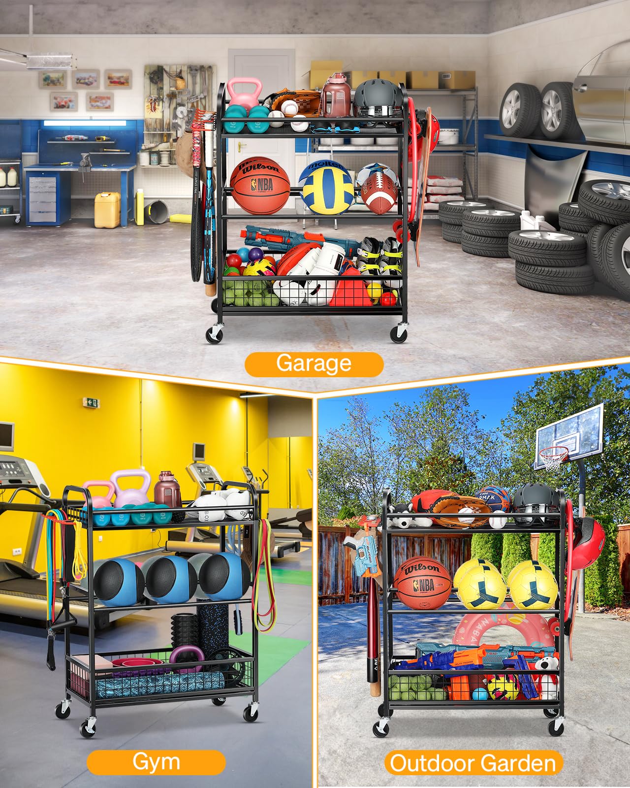 Portable Rolling Ball Storage Cart with Wheels & Hooks - Sports Equipment Organizer for Basketball, Baseball, Soccer Balls - Perfect for Garage, Gym, Playroom & Outdoor Gear Storage