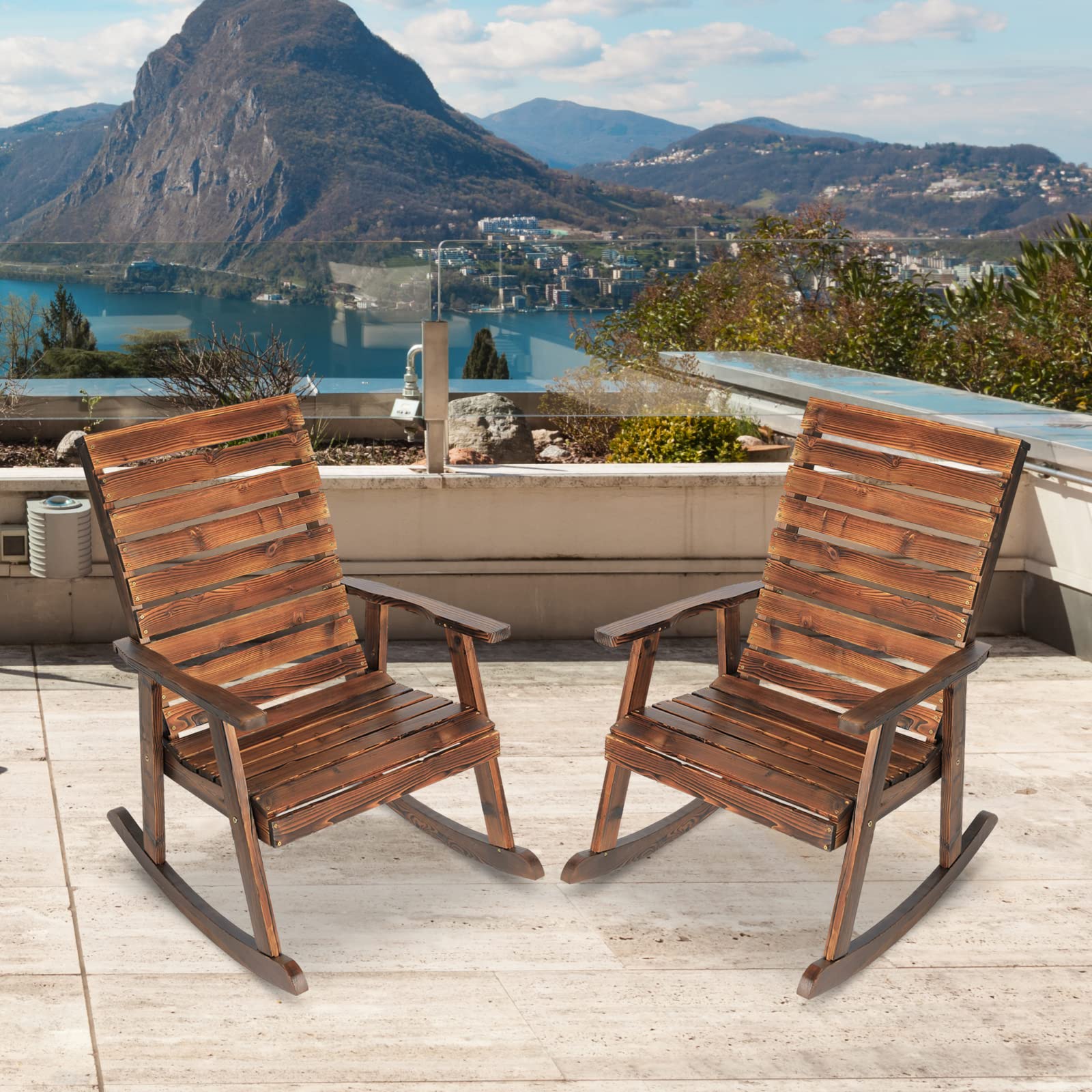 2-Piece Outdoor Rocking Chairs Set - High Back Wooden Patio Rockers for Deck, Garden, Backyard & Porch | Perfect for Relaxing, Sunbathing & Outdoor Gatherings
