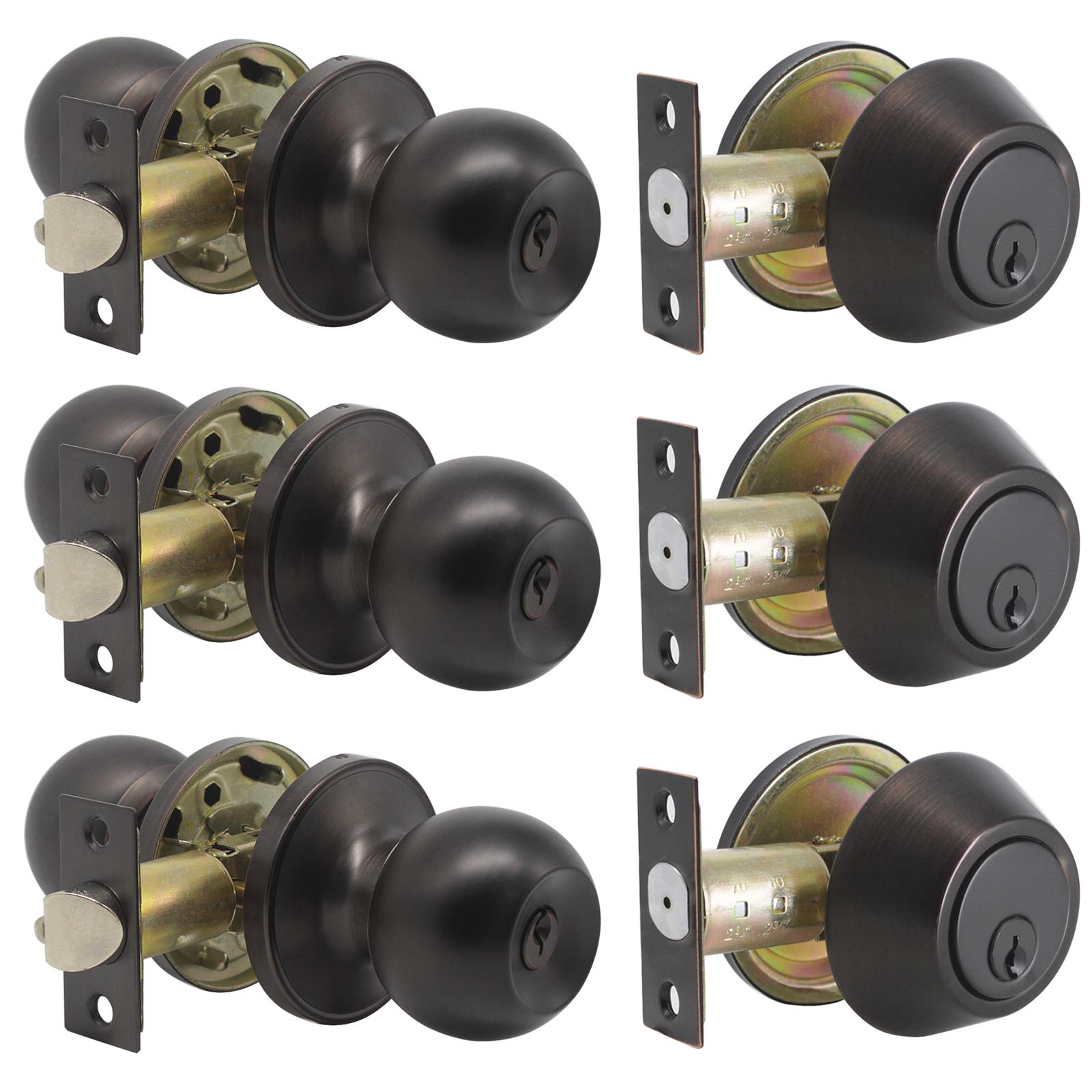 Gobrico 3-Pack Entry Door Knob & Deadbolt Combo Set - Keyed Alike Round Ball Style Door Locksets in Oil Rubbed Bronze - Interior & Exterior Door Hardware for Home Security & Privacy