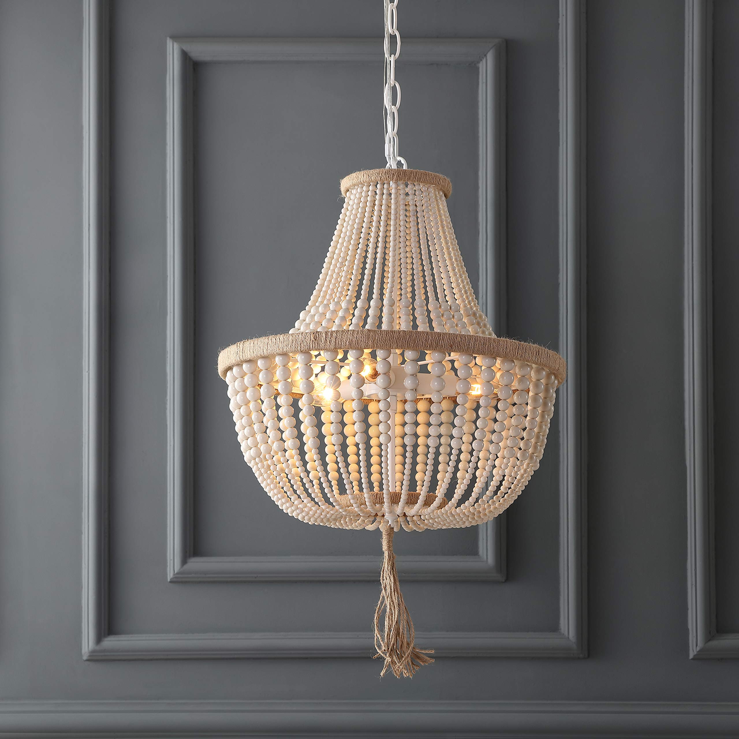 SAFAVIEH Lush Kristi Boho Farmhouse 17-inch 3-Light Adjustable Hanging Pendant Light with Beaded Tassel - Cream (LED Bulbs Included) | Perfect for Dining Room, Kitchen Island & Bedroom Lighting
