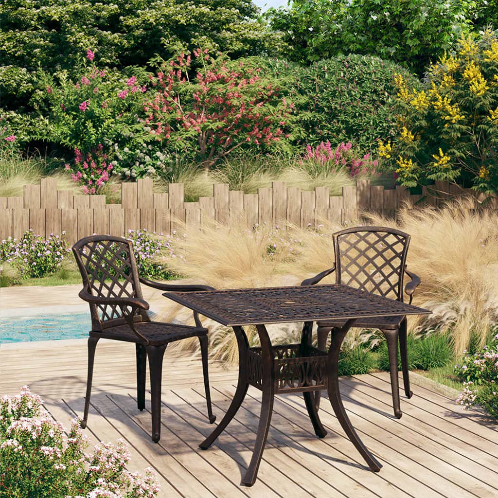 vidaXL 3-Piece Bronze Bistro Patio Set - Cast Aluminum Outdoor Furniture with Weather & Rust Resistant Table & Chairs - Includes Umbrella Hole - Perfect for Backyard, Garden, Poolside & Patio Dining