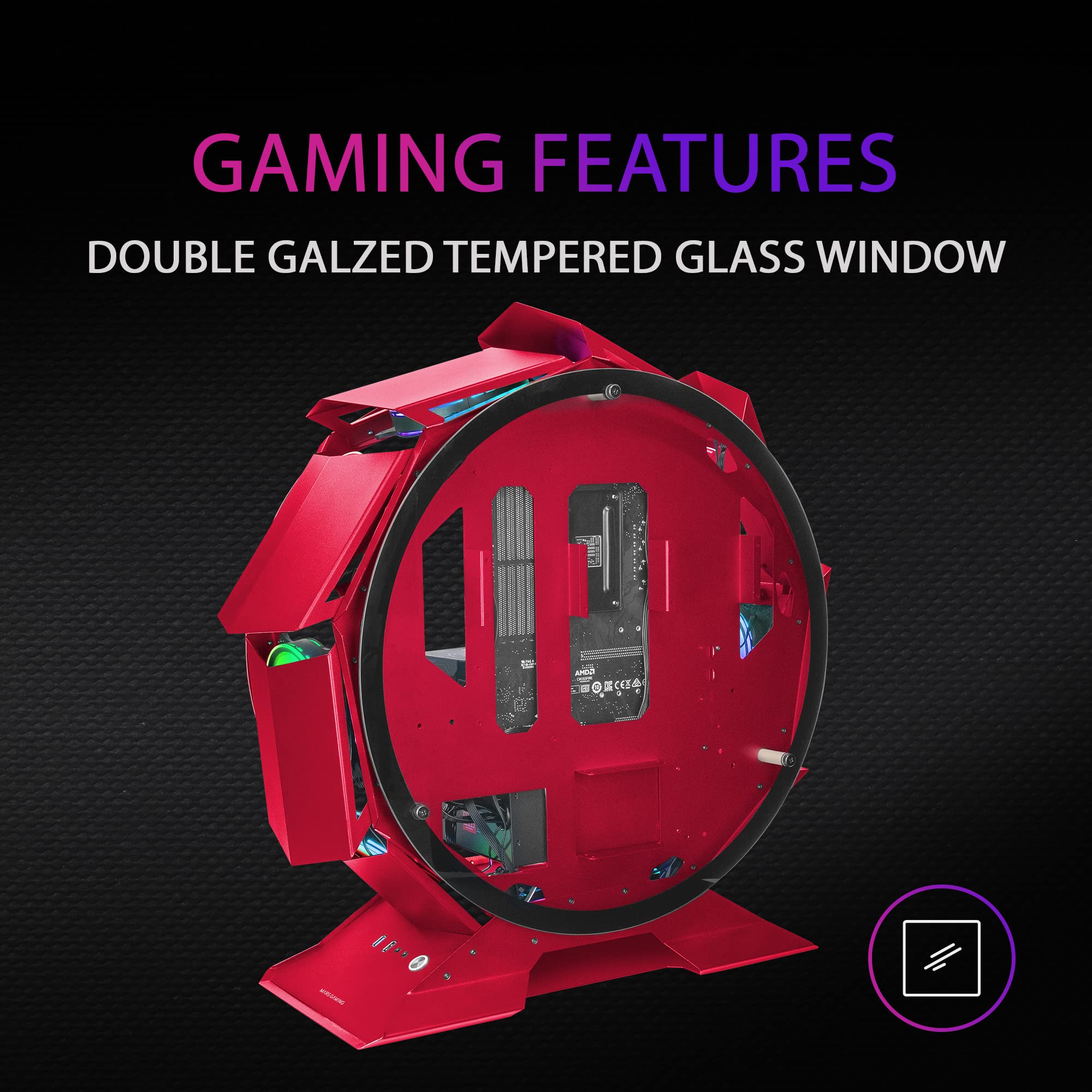 Mars Gaming MCORB Red Micro-ATX XL Gaming PC Case - Custom Circular Design with Tempered Double Glass Panels for Enhanced Cooling & RGB Lighting | Perfect for Compact Gaming Setups, Streaming Battlestations & Custom PC Builds