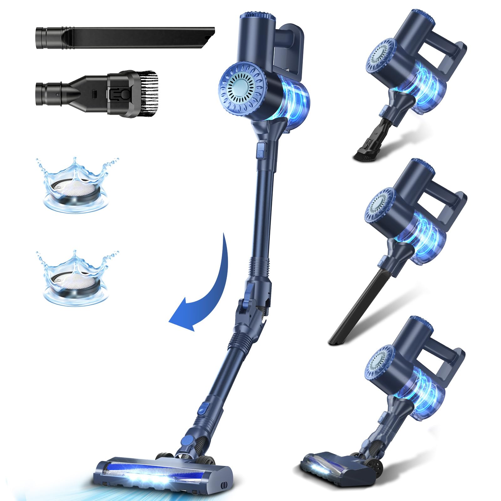 Powerful 6-in-1 Cordless Stick Vacuum Cleaner with 180° Bendable Wand - Lightweight, Self-Standing & Rechargeable for Hardwood Floors (Blue) - Perfect for Pet Hair, Carpet & Home Cleaning