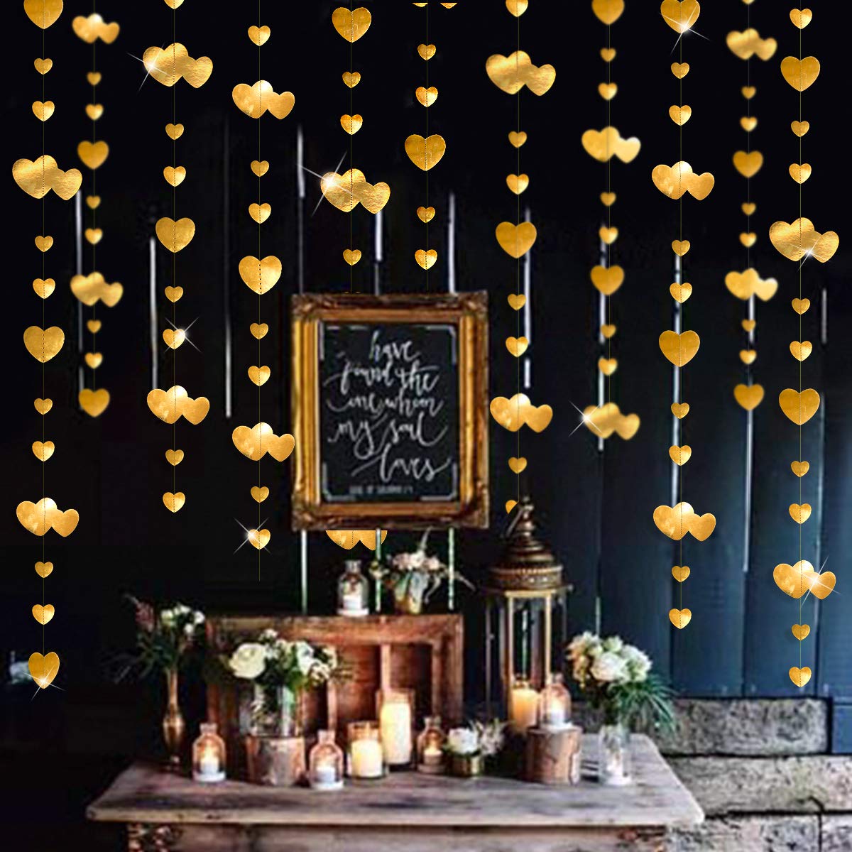PinkBlume Valentine's Day Gold Heart Garland - Romantic Hanging Streamer Banner for Anniversary, Mother's Day, Wedding, Bridal Shower, Baby Shower & Bachelorette Party Decorations | Perfect for Home, Photo Backdrops & Festive Celebrations