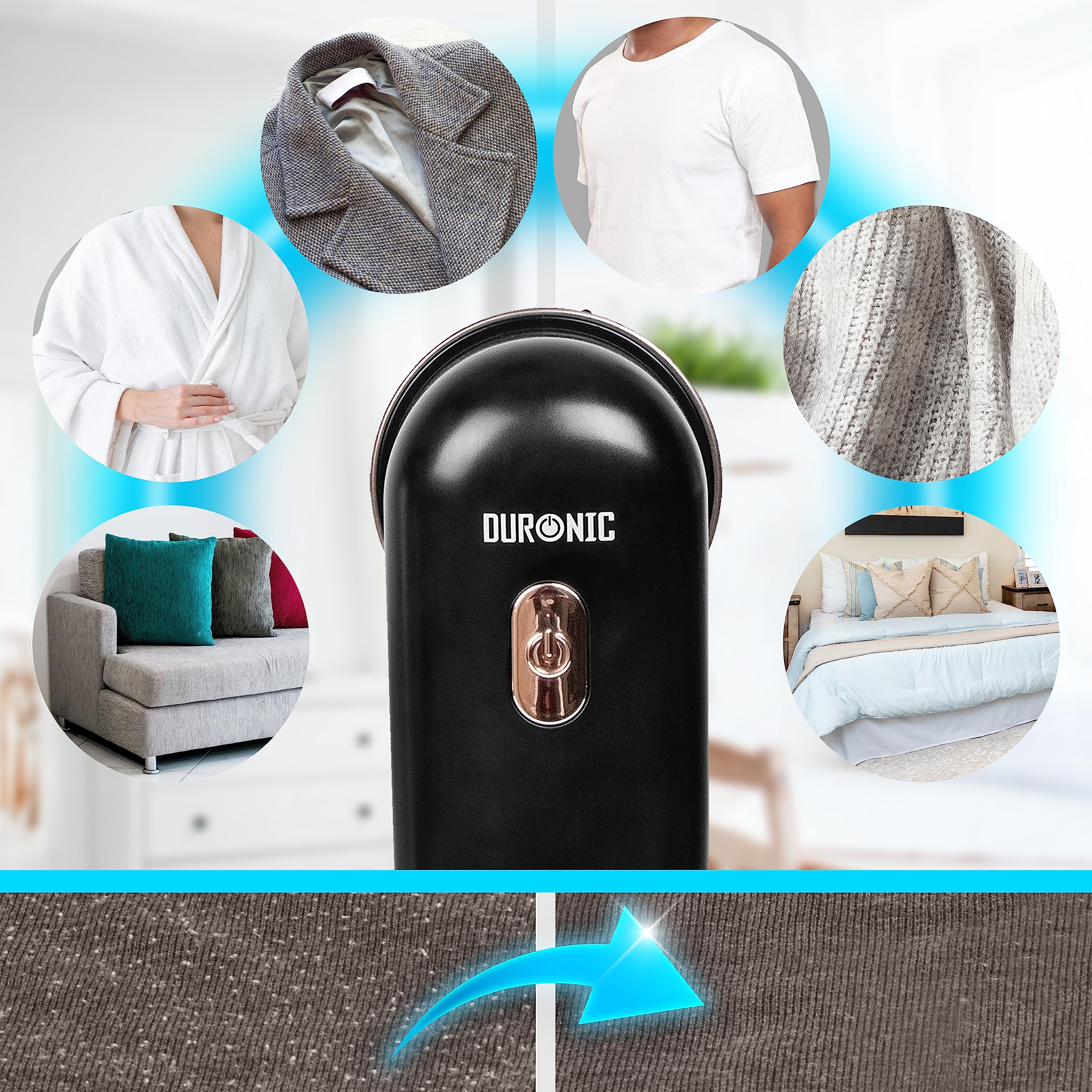 Duronic FS22 BK Fabric Shaver & Lint Remover - Electric Clothes Defuzzer, Depiller for Sweaters, Couch & Clothing - Remove Pills & Fuzz (Black/Rose Gold) - Perfect for Refreshing Sweaters, Sofas & Delicate Fabrics