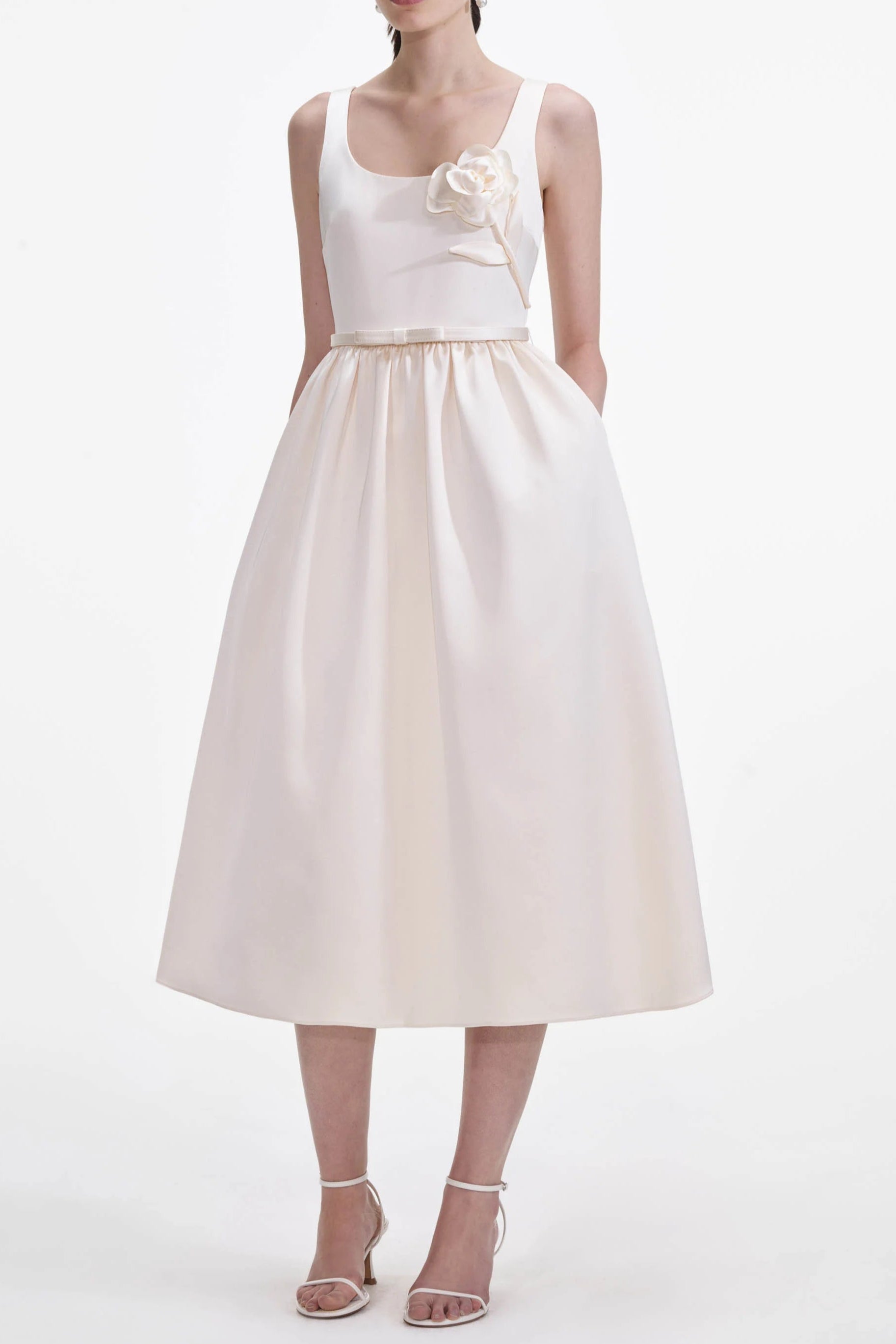 Elegant Cream Satin Floral Midi Dress for Women - Perfect for Weddings, Parties & Special Occasions