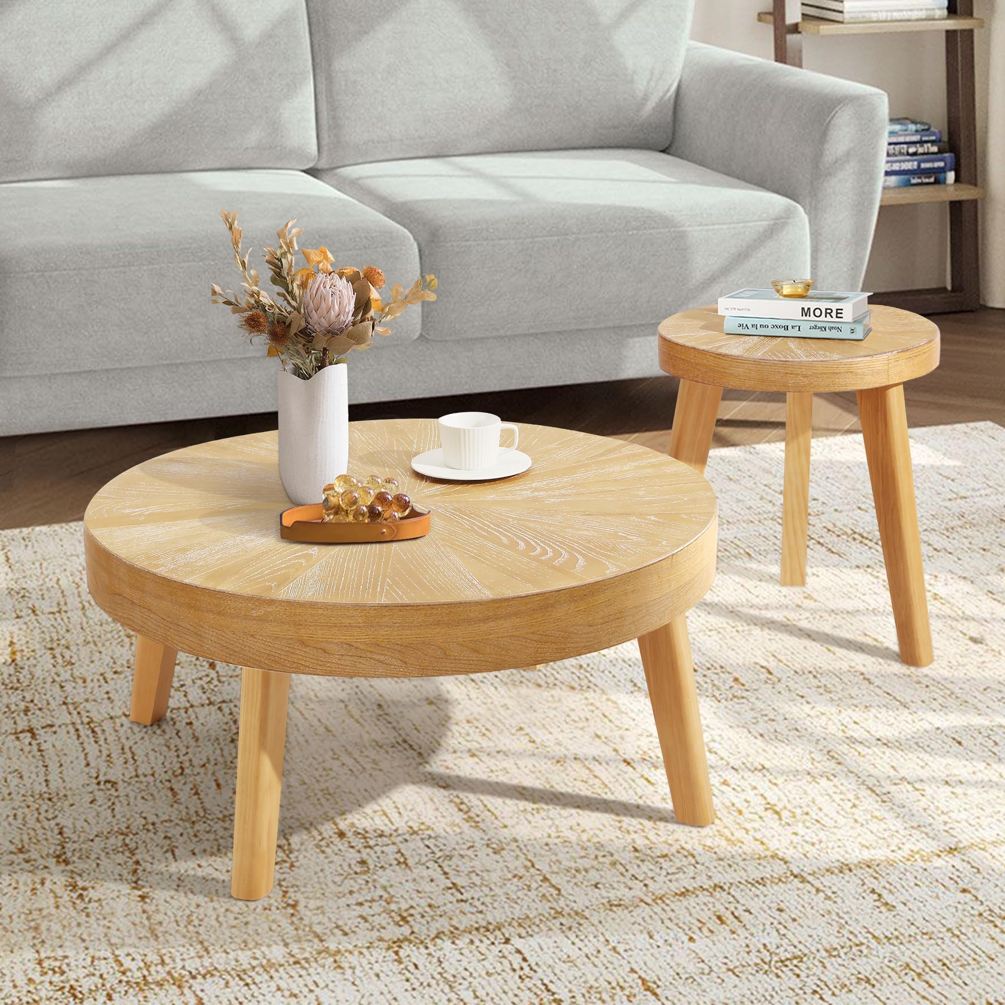 Rustic Round Coffee Table Set of 3 - Boho Chic Nesting Side Tables with Natural Wood Finish for Living Room, Bedroom & Home Office - Perfect for Small Spaces, Coffee Time & Home Decor