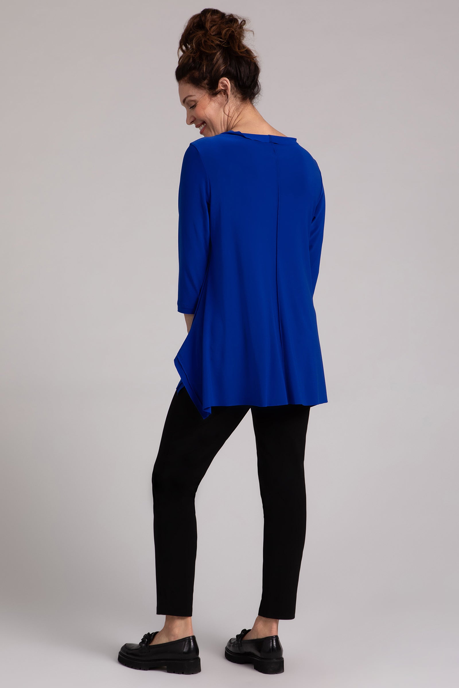 Flounce Top with Wide Funnel Collar | Lapis Blue Women's Blouse | Elegant Casual Wear for Office, Date Night & Summer Outfits