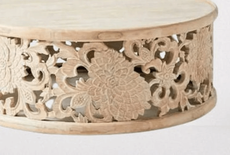 Hand Carved Lotus Flower Round Coffee Table - Solid Wood Living Room Center Table for Home Decor | Perfect for Modern & Bohemian Interior Design