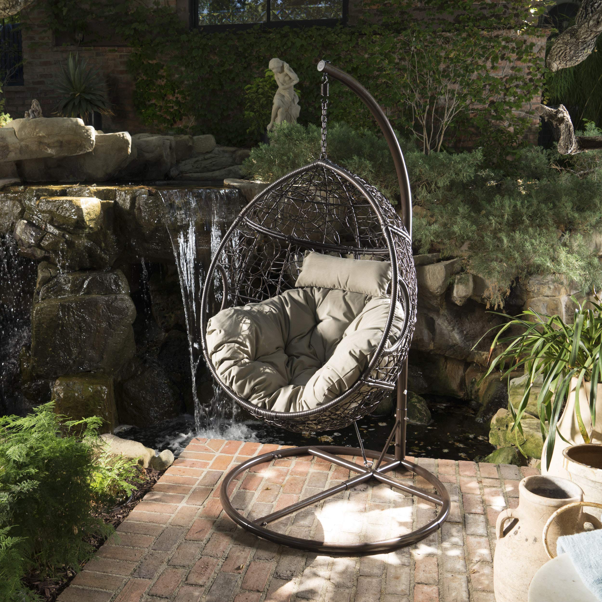 Christopher Knight Home Leander Indoor/Outdoor Hanging Basket Chair - Woven Rattan Swing Seat with Cushion, Multi-Brown & Khaki (Stand Not Included) - Perfect for Patio, Garden, Porch or Balcony Relaxation