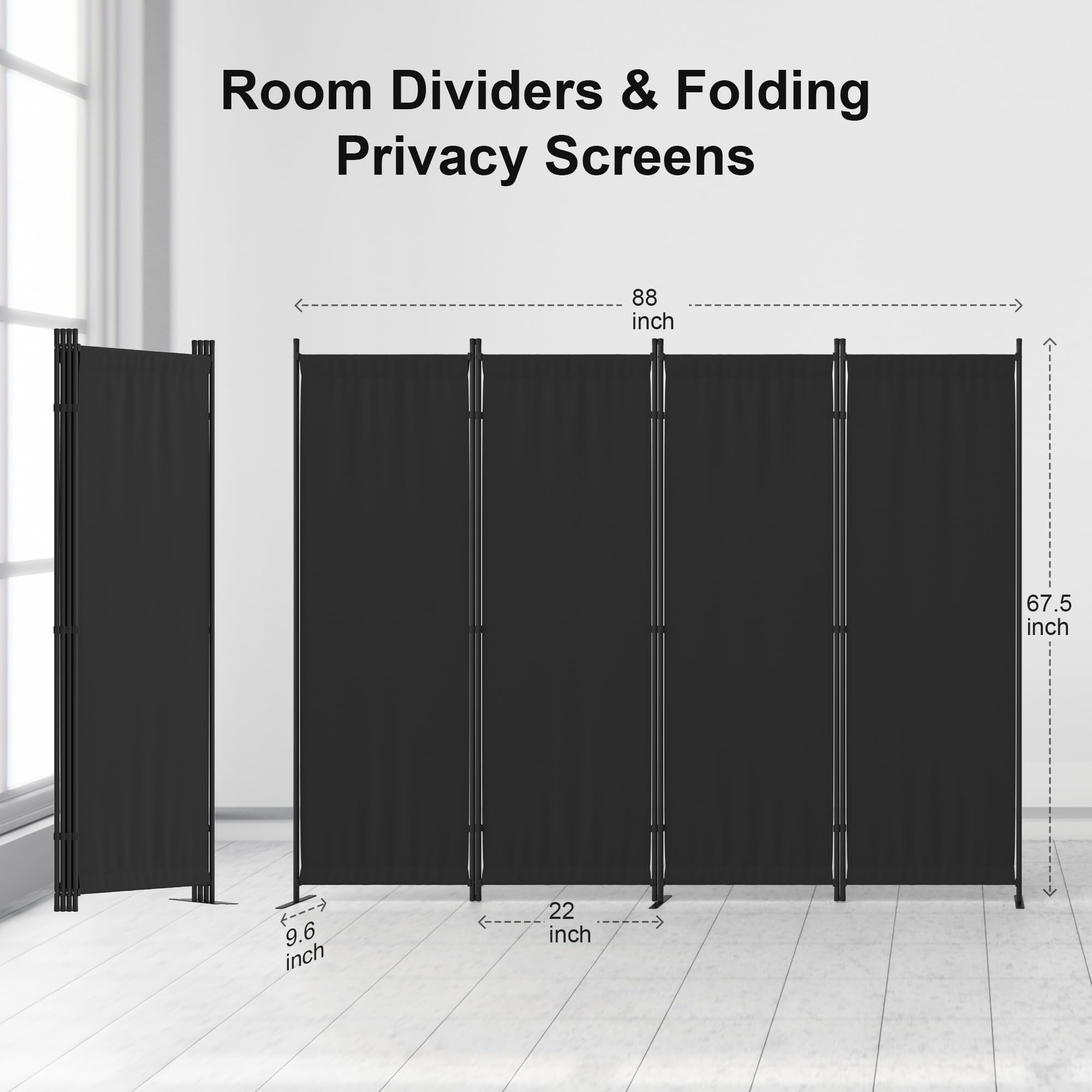 4 Panel Room Divider - 6FT Folding Privacy Screen with 3 Metal Feet | Portable Partition Wall for Office, Kitchen, Nursery & Dressing Room | Space Separator for Home, Events and Temporary Walls