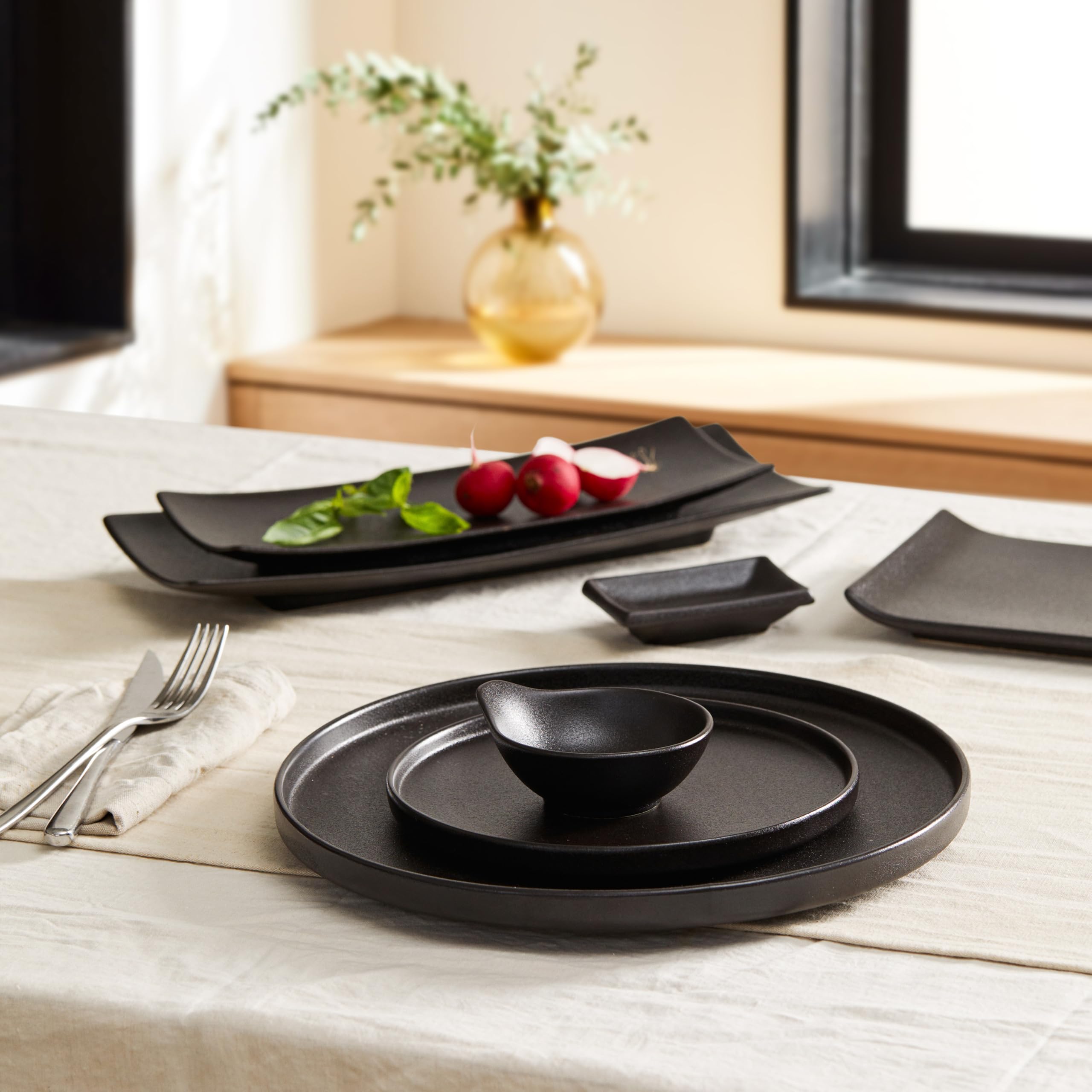 4 Inch Ceramic Sauce Dish - Japanese Rectangular Sushi Dipping Bowl, Seasoning Dish & Appetizer Plate (4-Pack, Matte Black) - Perfect for Home Kitchen, Sushi Restaurants & Party Snack Serving