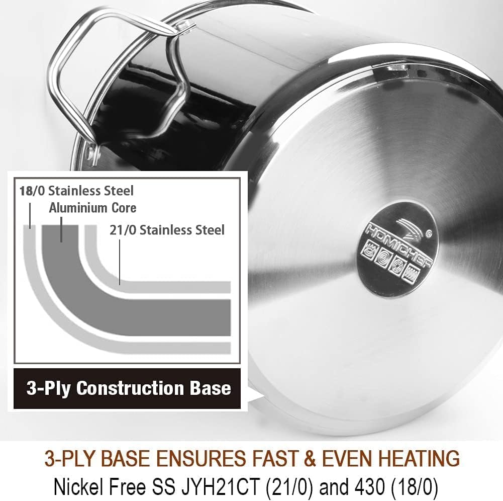 HOMICHEF 20 Quart Commercial Grade Stainless Steel Stock Pot with Lid - Nickel-Free Heavy Duty Induction Soup Cookware for Restaurants, Catering & Home Kitchens - Perfect for Soups, Stews, Pasta & Large Batch Cooking
