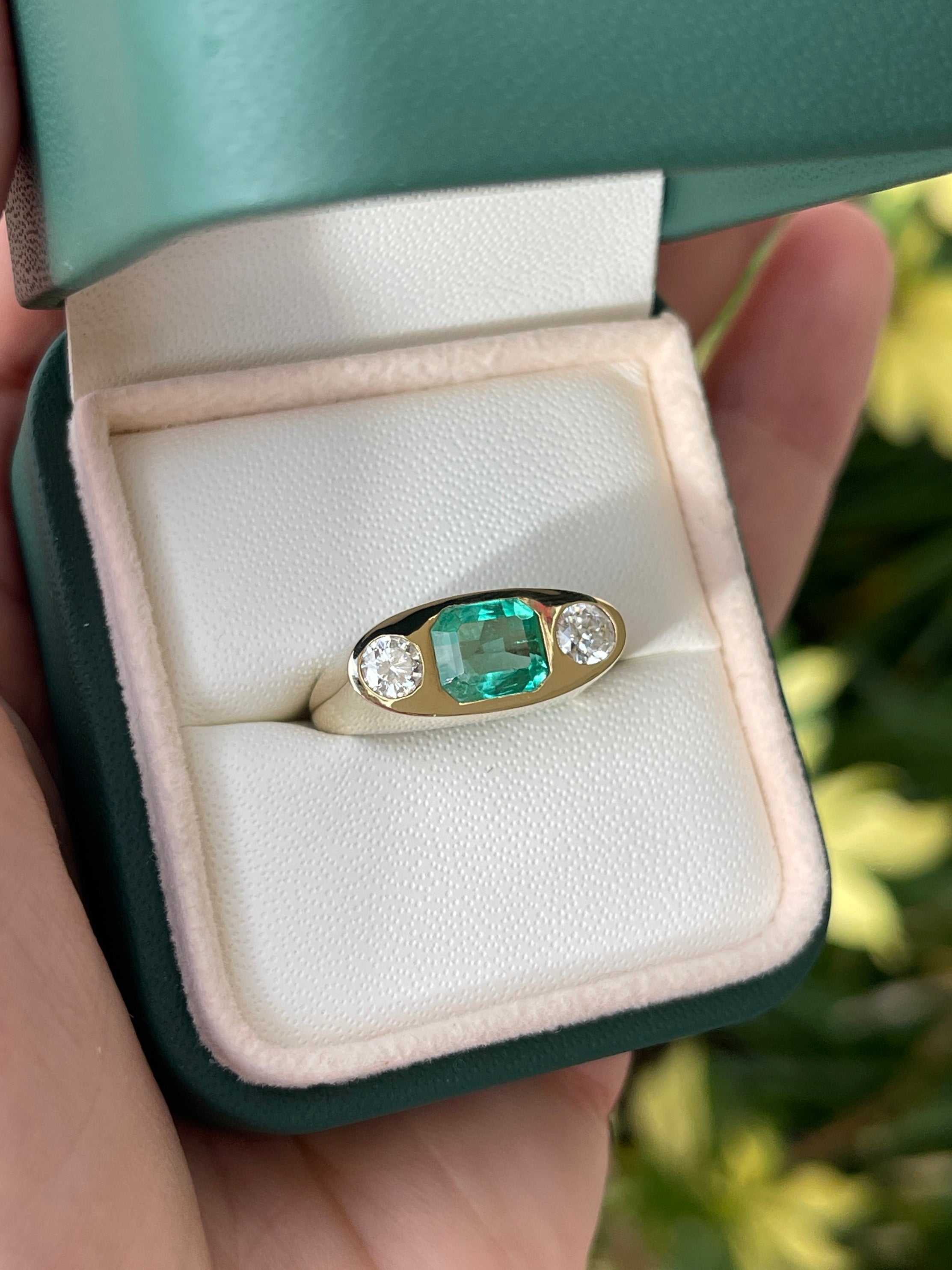 2.70ctw Emerald Cut Diamond & Brilliant Round Three Stone Gypsy Signet Ring in 14K Gold - Elegant Wedding Band, Anniversary Gift, Vintage Jewelry for Women