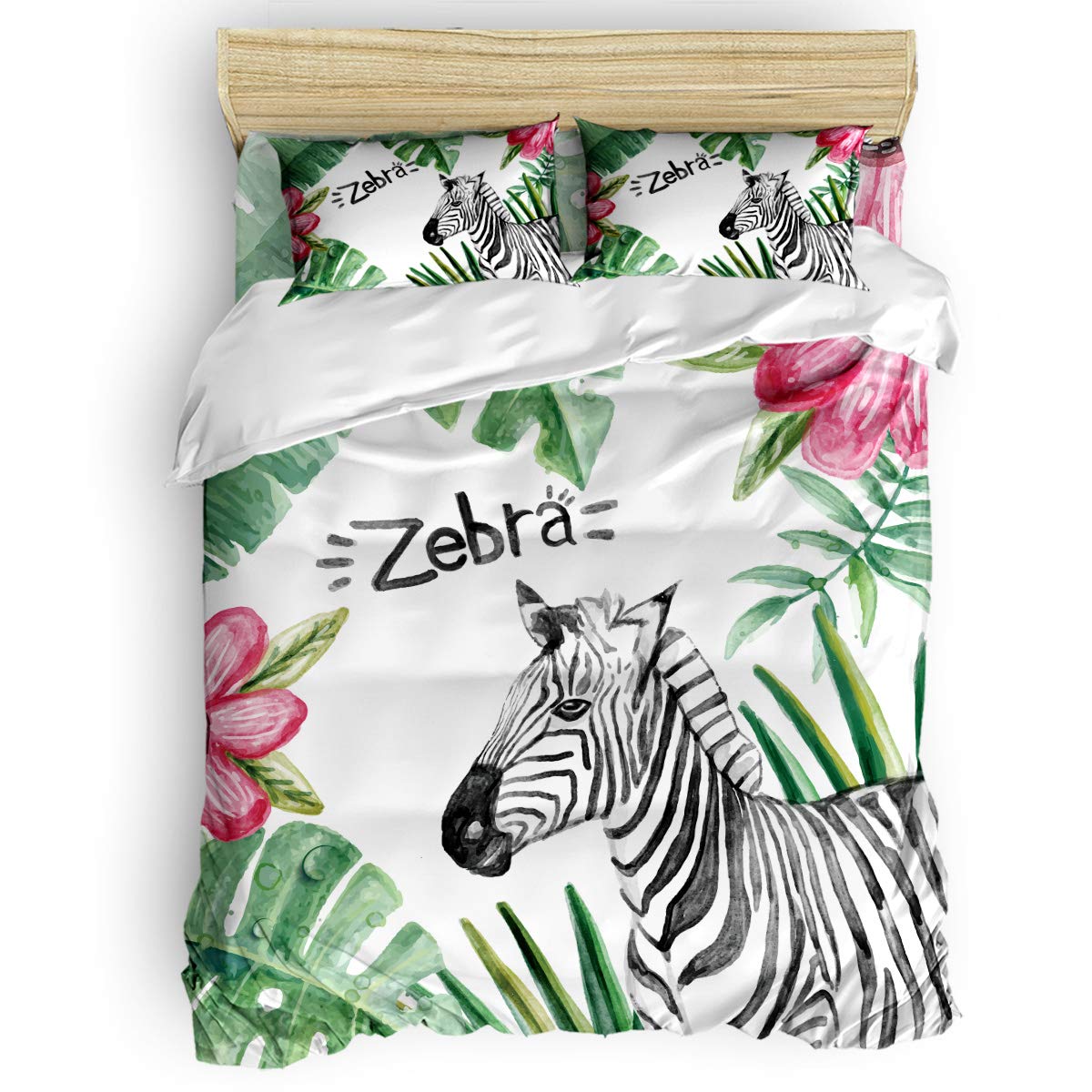 Smile Sunflower 4-Piece Luxury Soft Duvet Cover Set for Girls & Boys - Includes 1 Comforter Cover, 1 Bed Sheet, 2 Pillowcases with Tropical Plants & Zebra Horse Animal Print - Full Size Bedding Set for Kids' Room Decor & Cozy Sleep