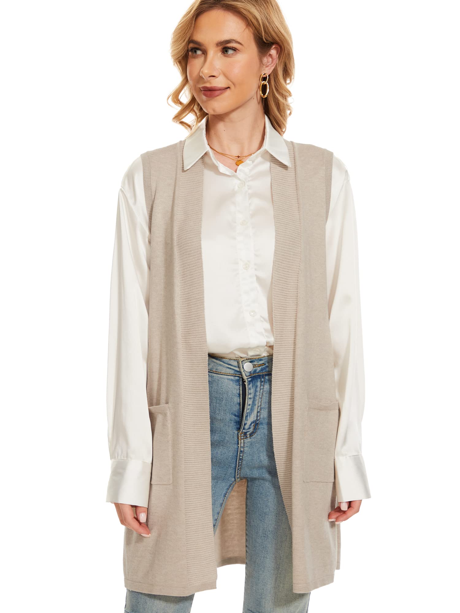 Women's Lightweight Sleeveless Moss Rose Long Vest - Ribbed Knit Open Front Cardigan with Pockets | Perfect for Layering, Casual Outfits & Spring/Fall Fashion