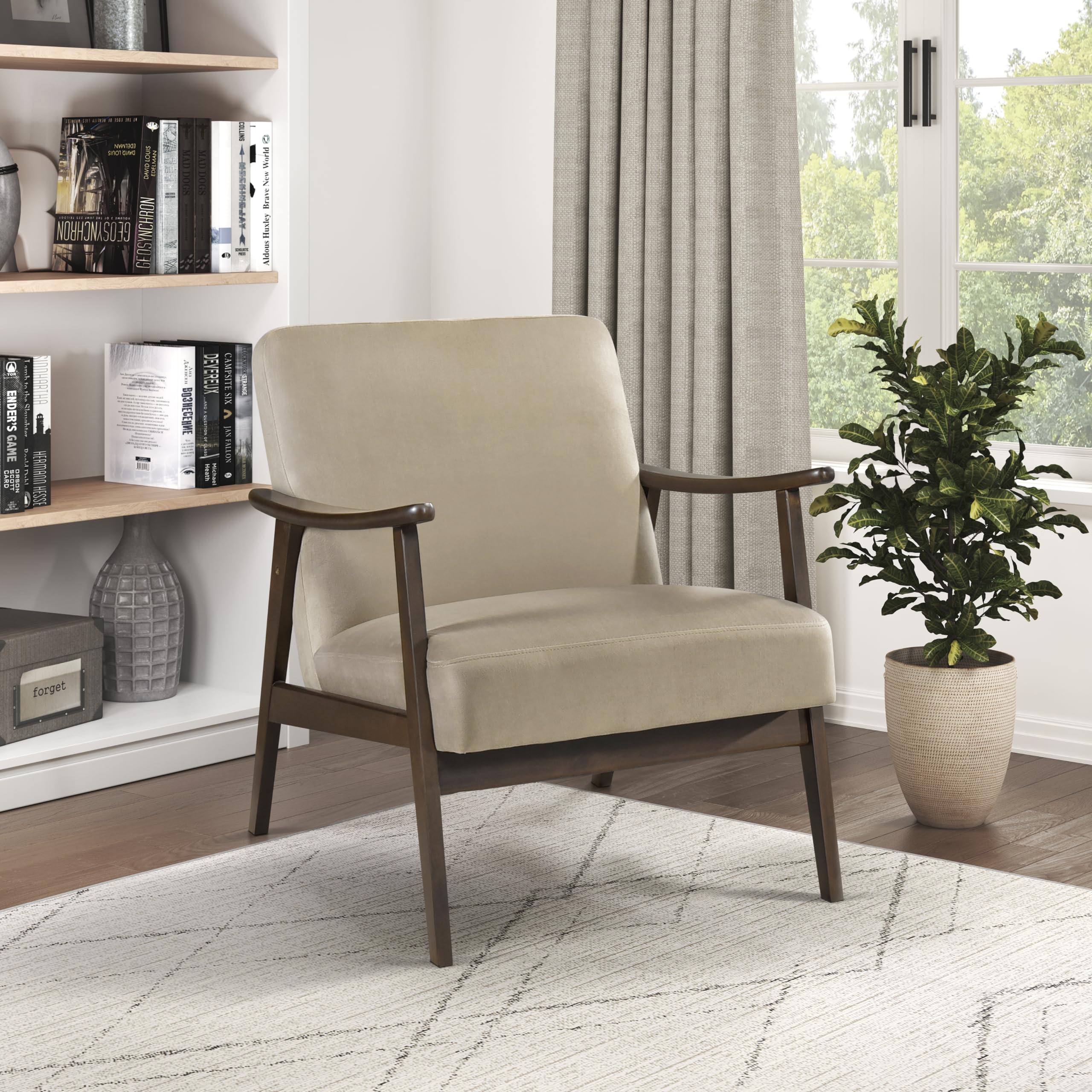 Mid Century Modern Velvet Accent Chair - Solid Wood Armrests & Legs, Cushioned Seat & Backrest - Comfortable Reading & Lounge Chair for Living Room, Bedroom, Studio - Brown Velvet Upholstered Furniture for Home Decor