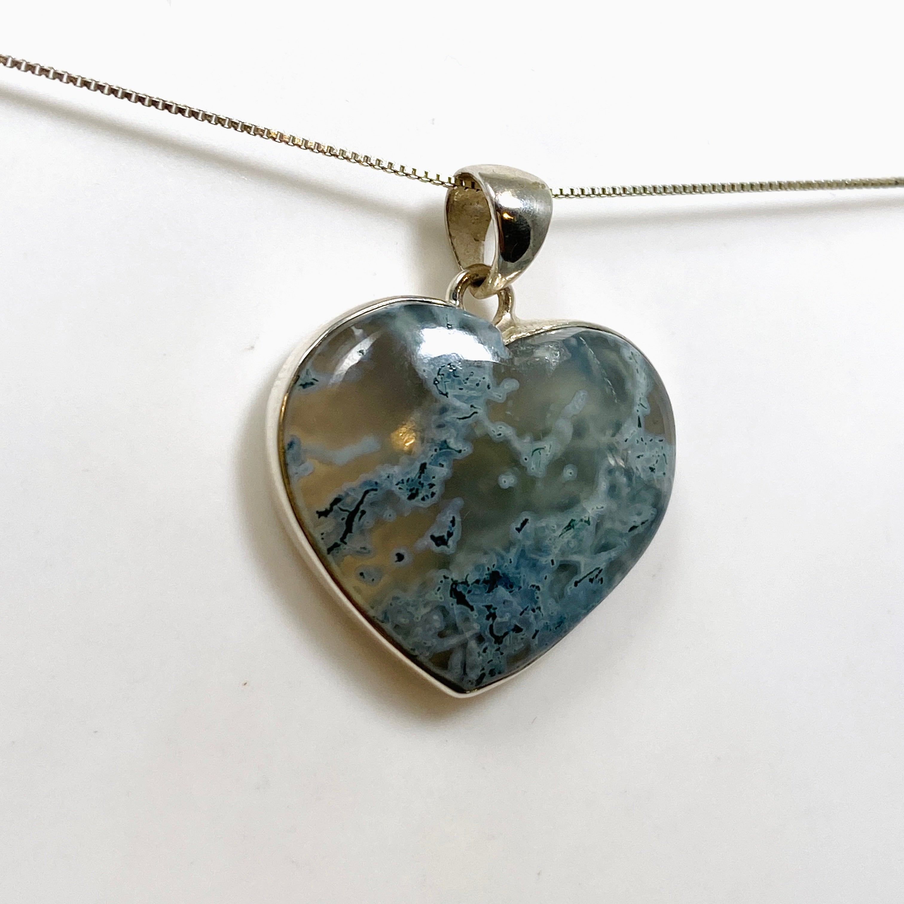 Natural Moss Agate Heart Cabochon Pendant - 925 Sterling Silver Jewelry for Women - Perfect for Valentine's Day Gifts, Spiritual Healing & Boho Fashion Accessories