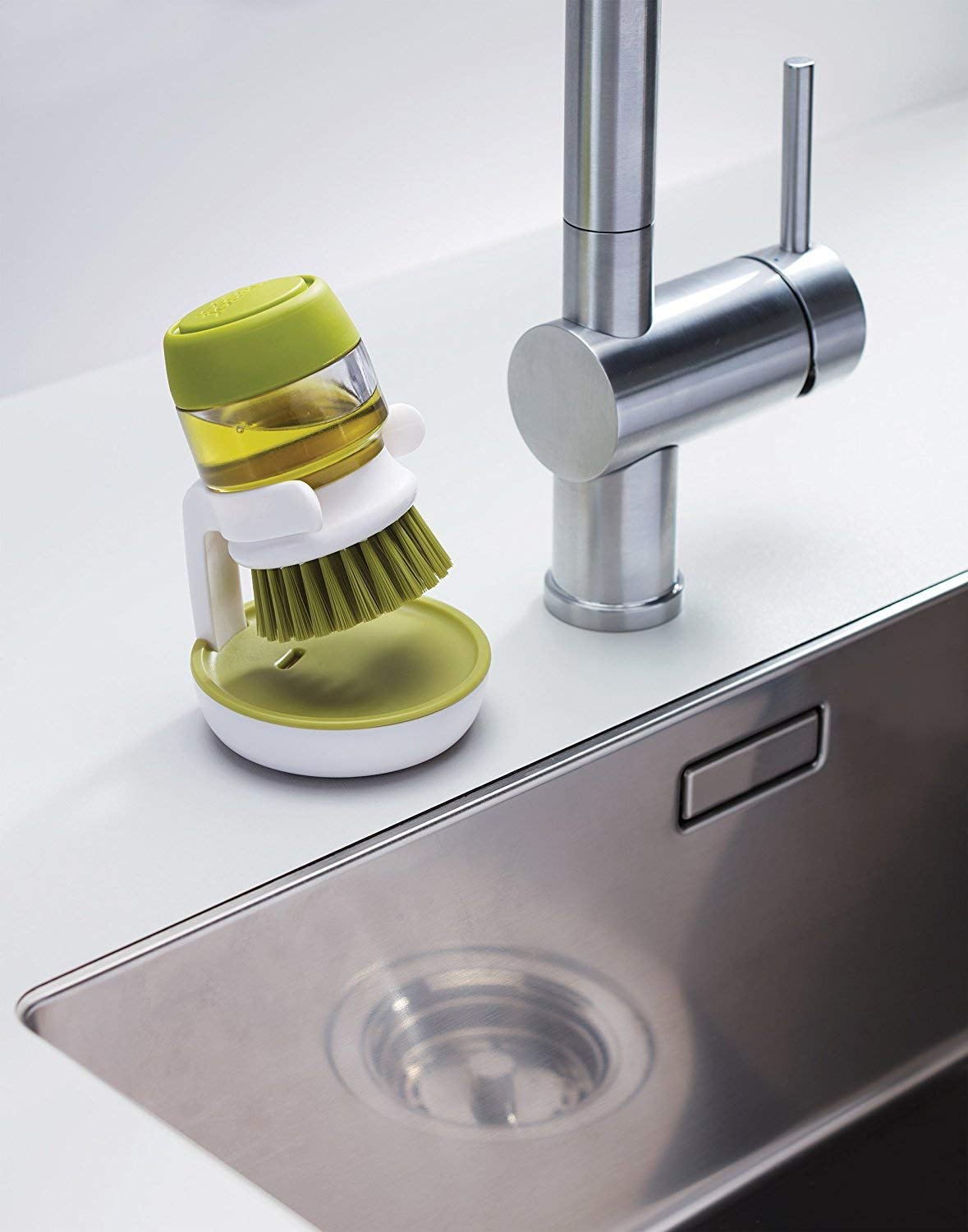 QONETIC Kitchen Sink Cleaning Brush with Built-in Soap Dispenser - Dish Scrubber with Storage Stand Holder, Palm Scrub Brush for Washing Dishes - Perfect for Kitchen, Bathroom, and Outdoor Cleaning (SDWB.01)